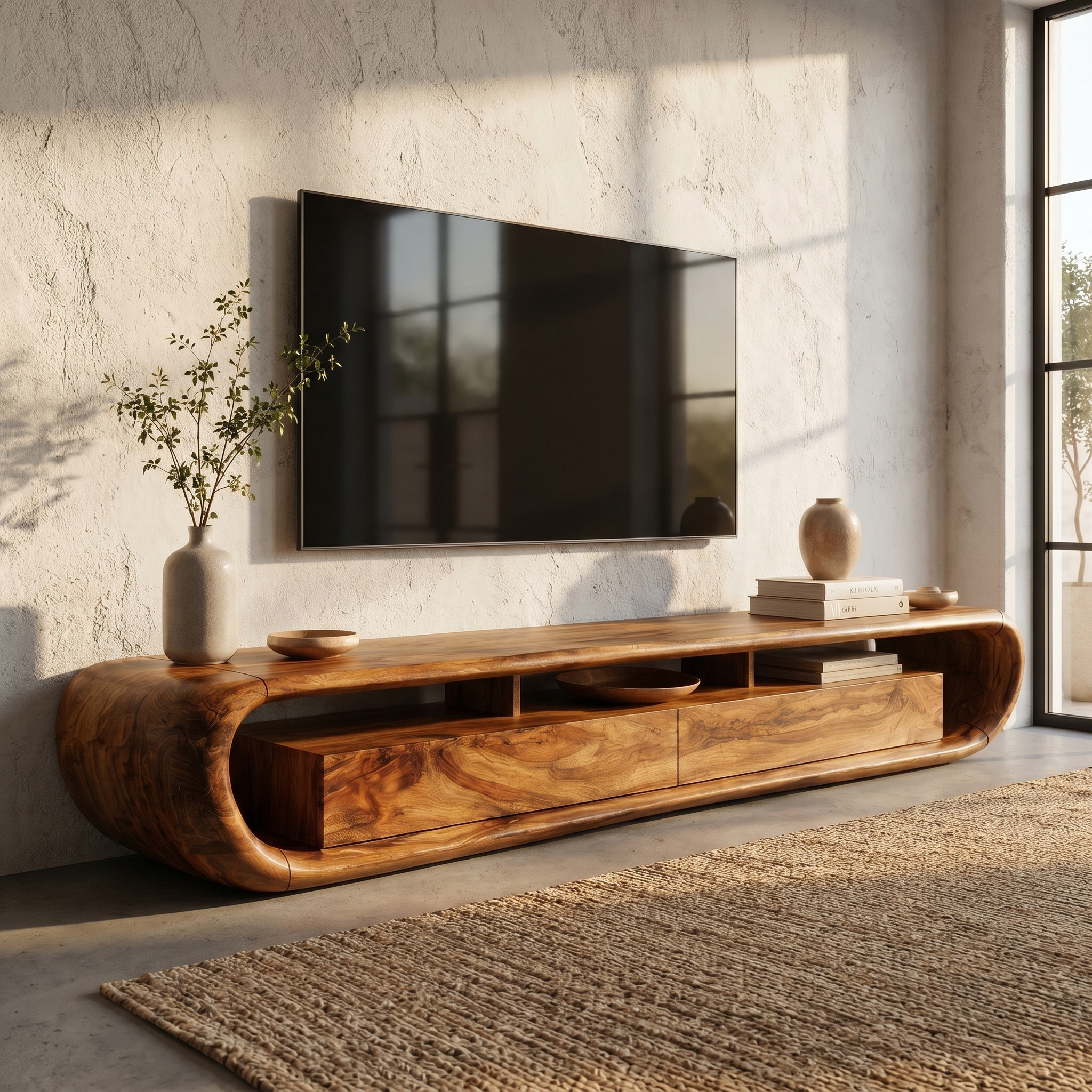 Organic TV Cabinet With Built In Storage And Rounded Curved Edges For Living Room SINLHATC037
