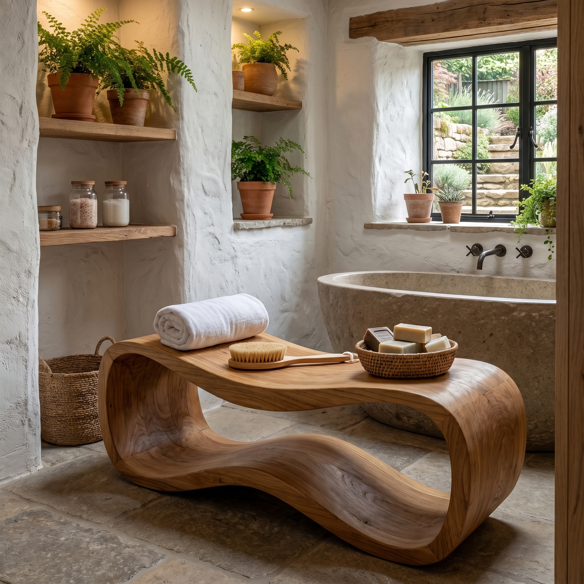 Sculptural Wooden Shower Bench For Bathroom SINLHARS124