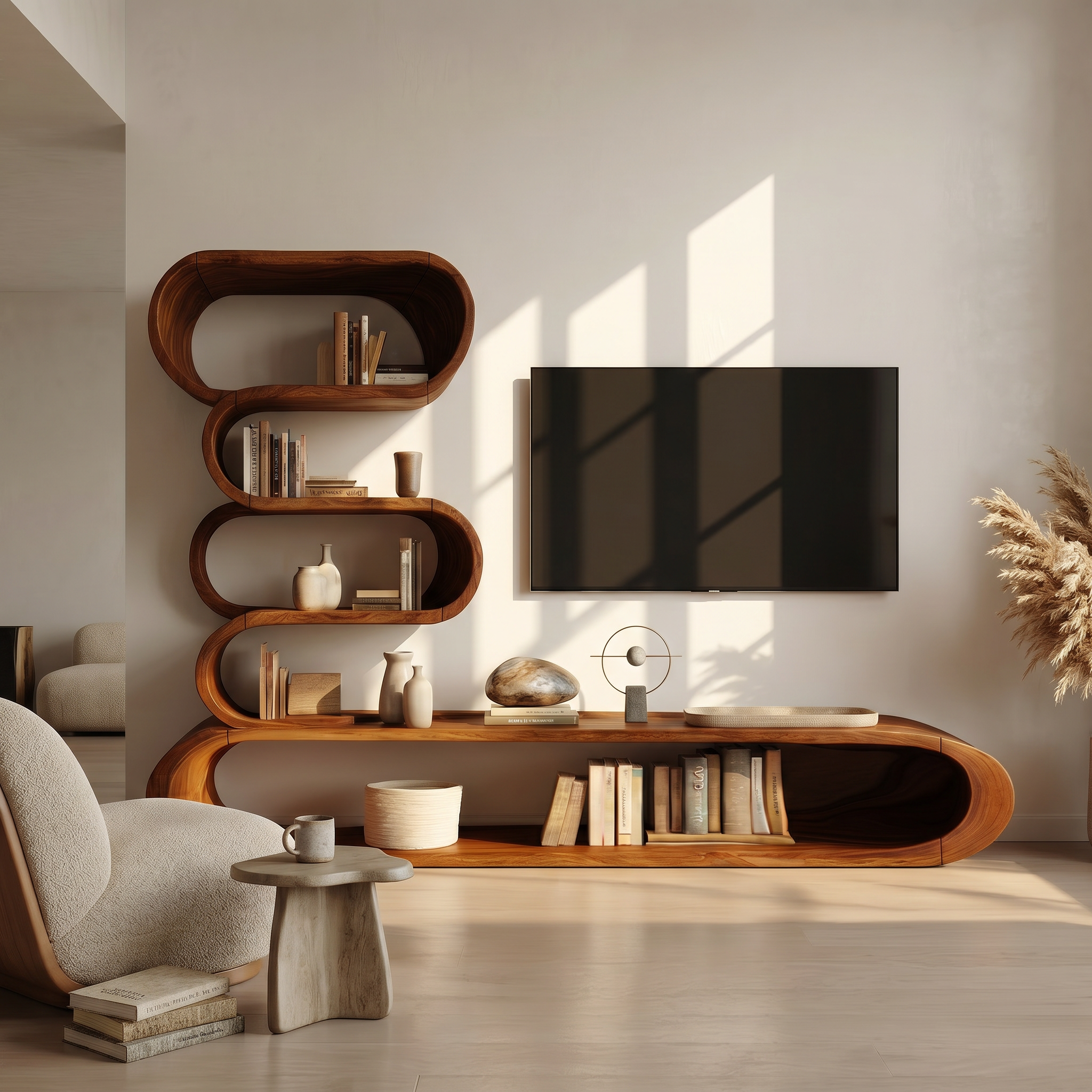 Organic TV Cabinet With Integrated Display Shelves And Rounded Storage Design For Living Room SINLHATC044