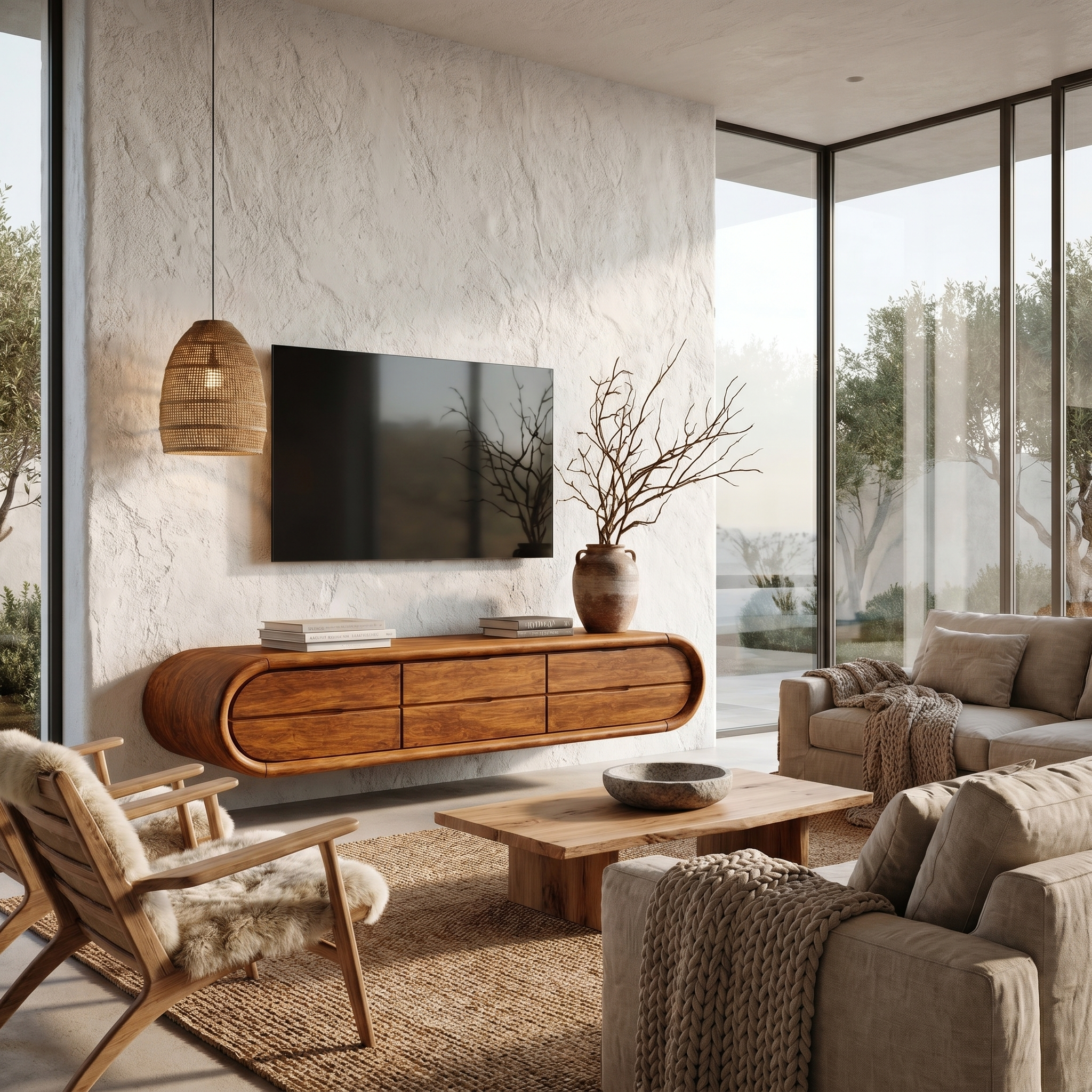 Organic Floating TV Cabinet With Sculptural Curved Wood Frame For Living Room SINLHATC052