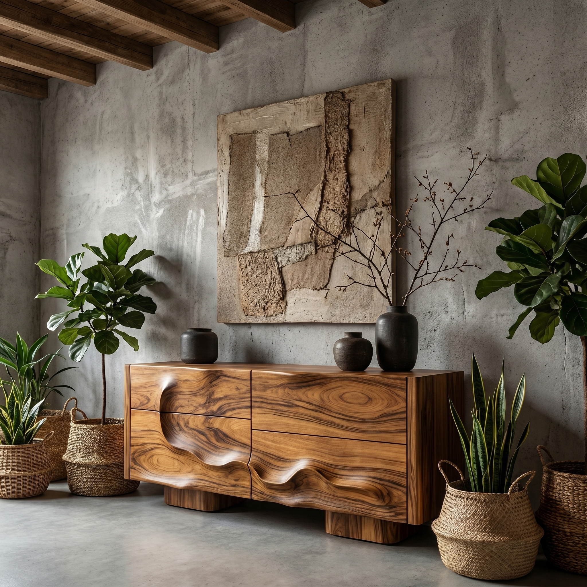 Rustic Organic Storage Cabinet With Carved Wood Doors For Living Room And Entryway SINLHASC514