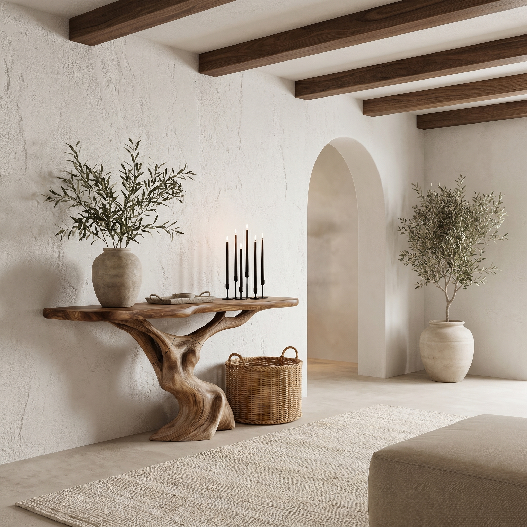 Rustic Organic Console Table With Unique Sculptural Tree Inspired Wood Base For Entryway And Living Room SINLHACS587