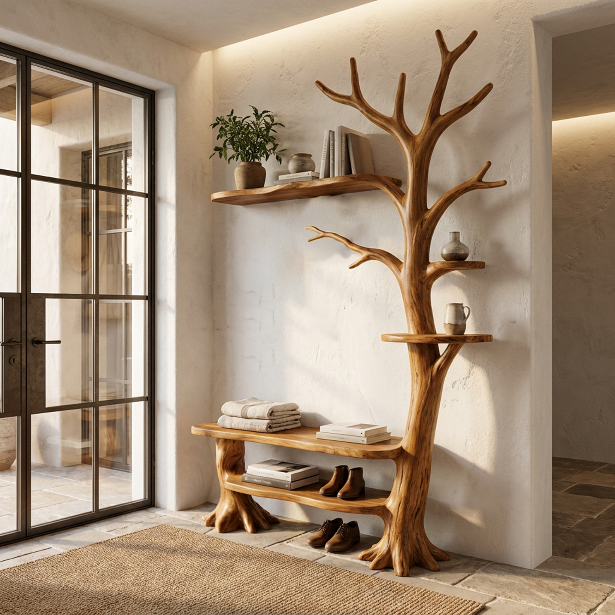 Rustic Tree Coat Rack With Integrated Bench And Floating Display Shelves For Entryway SINLHATCR118