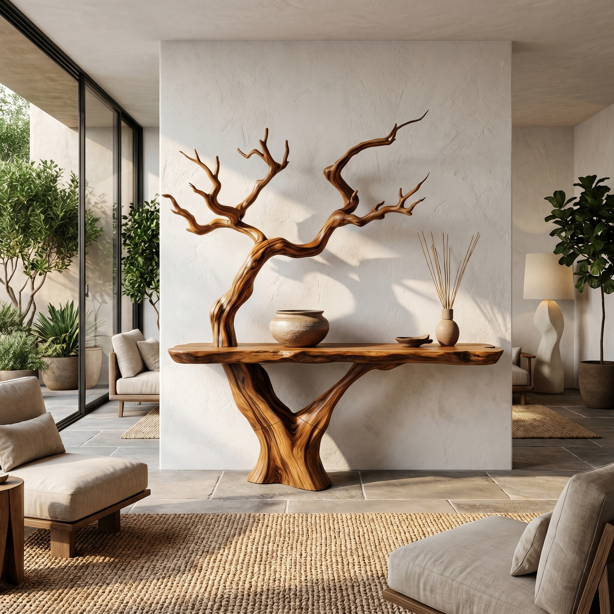 Rustic Console Table With Sculptural Tree Branch Base And Live Edge Wood Top For Entryway And Living Room SINLHACS613