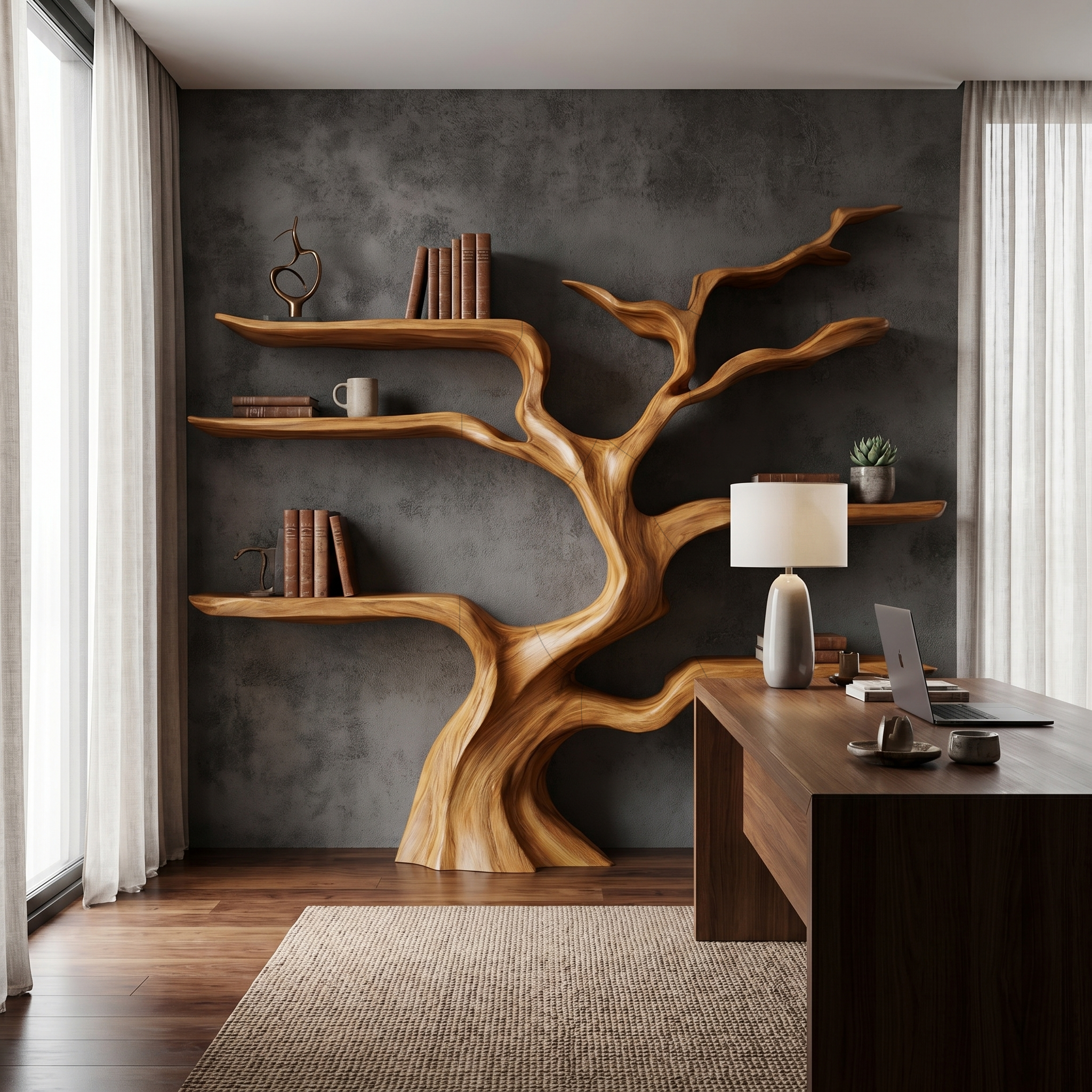 Nature Inspired Tree Bookshelf With Floating Wooden Shelves For Living Room Decor SINLHATB753