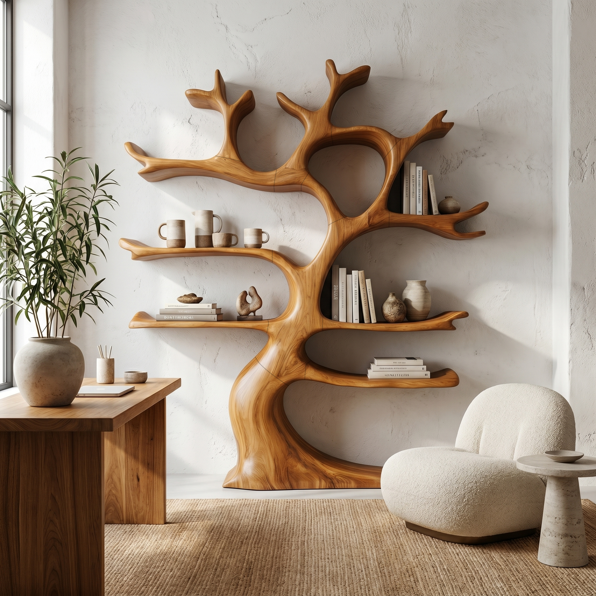 Organic Modern Tree Wall Shelf With Branch Inspired Storage For Living Room SINLHATB754