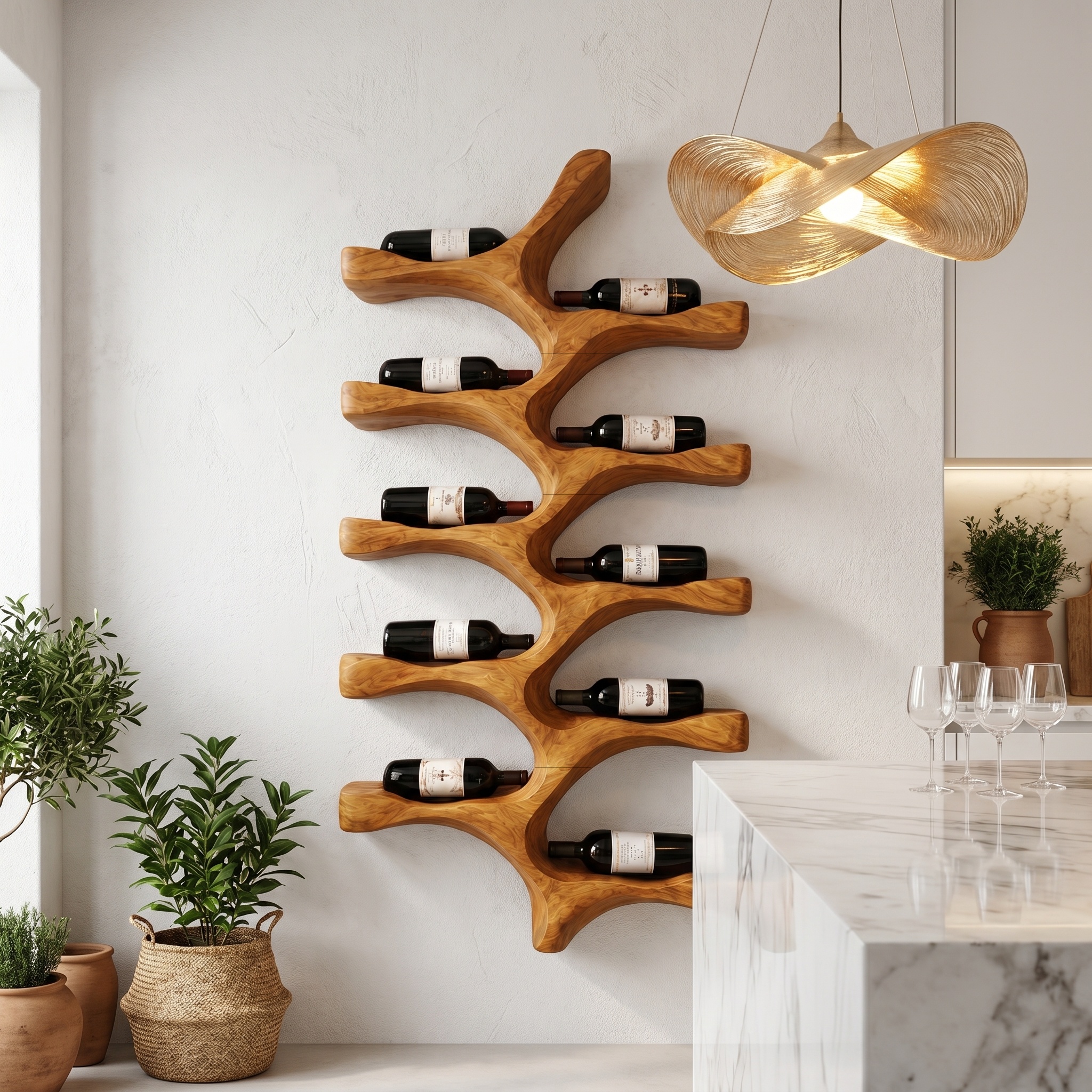 Organic Wall Mounted Wine Rack With Tree Branch Bottle Holders For Kitchen SINLHAWR028