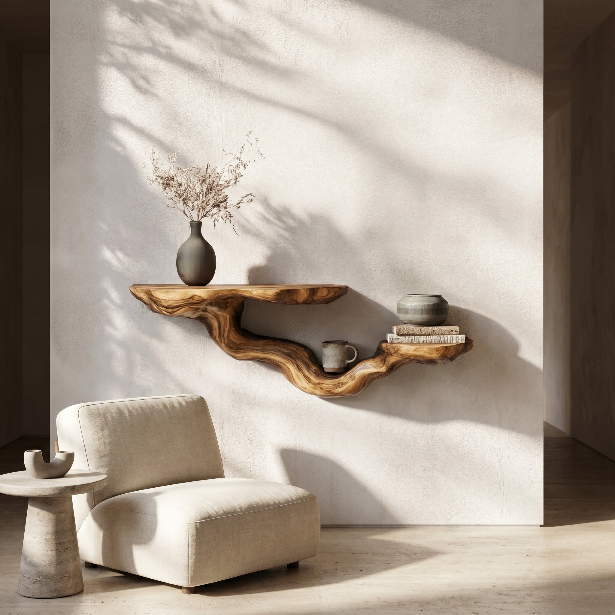 Rustic Floating Shelf With Sculptural Tree Branch Form For Home Decor SINLHAFL549