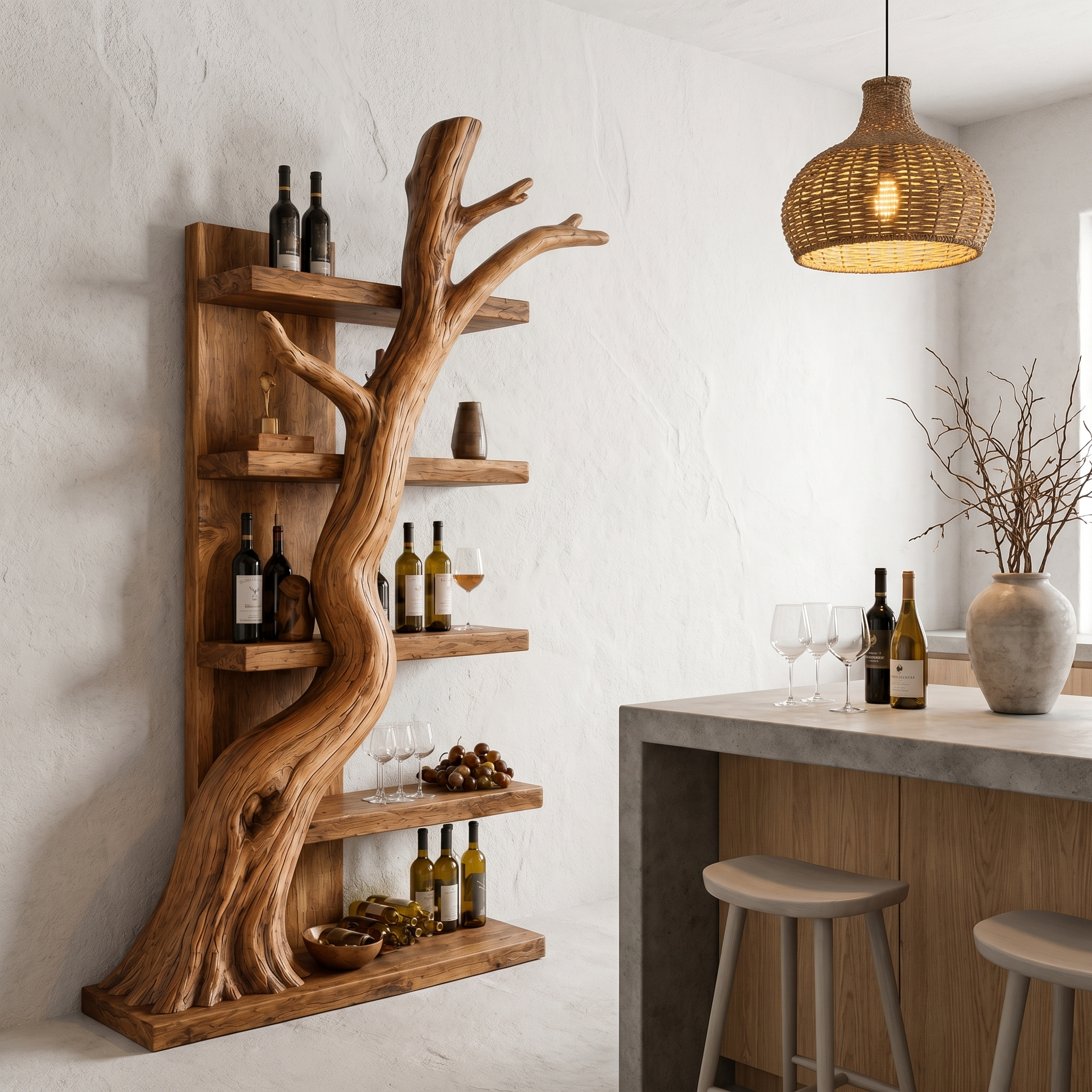 Rustic Tree Wine Rack With Solid Wood Shelves And Sculptural Root Base For Home Bar SINLHAWR035