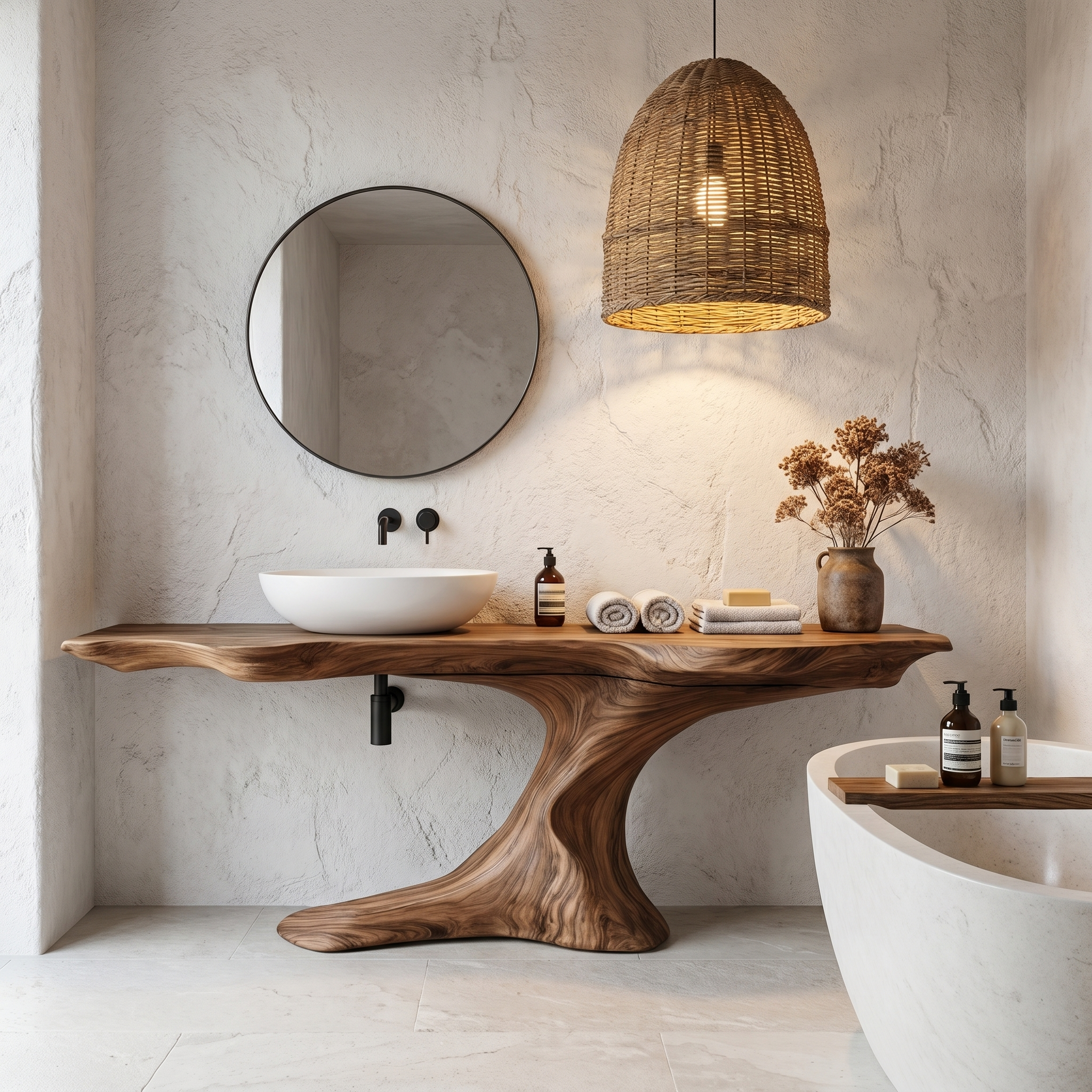 Rustic Organic Bathroom Vanity With Live Edge Countertop And Sculptural Tree Root Base SINLHABRV311