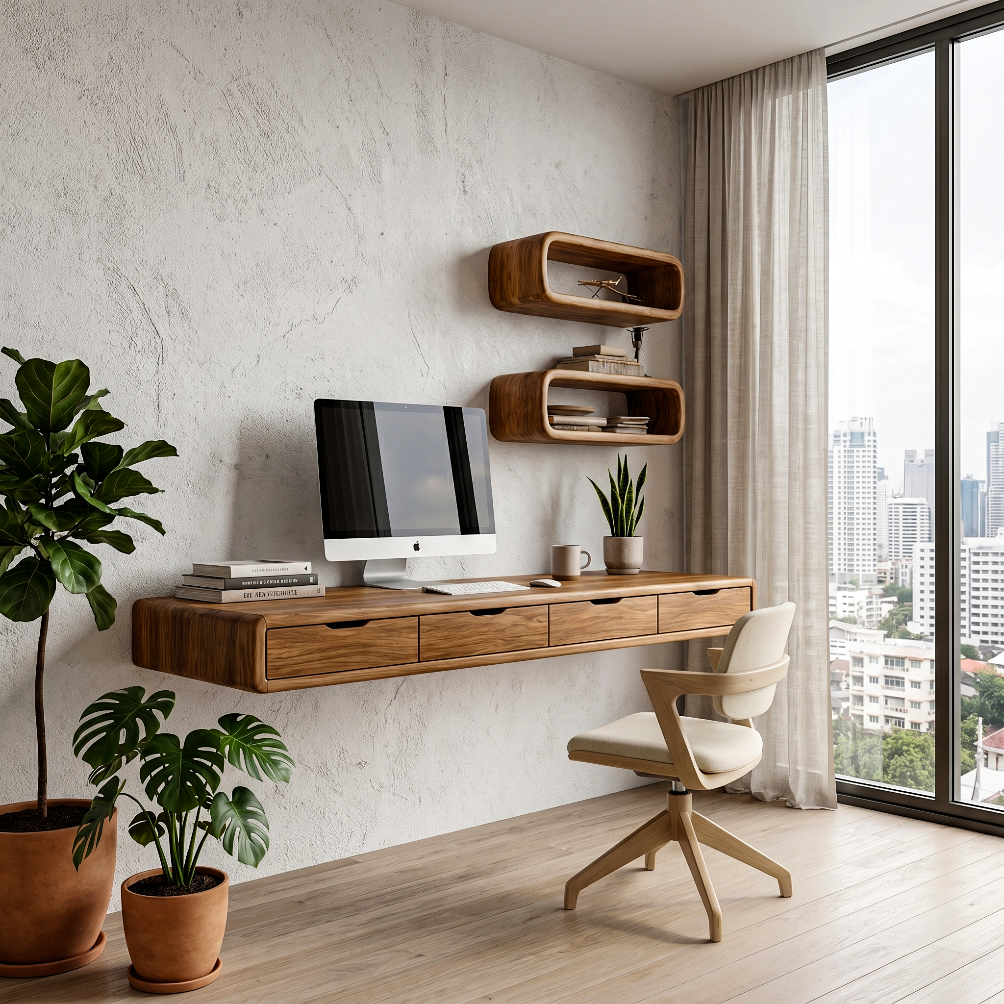 Modern Floating Desk With Built In Drawer Storage And Wall Mounted Shelves For Home Office And Workspace SINLHADK124