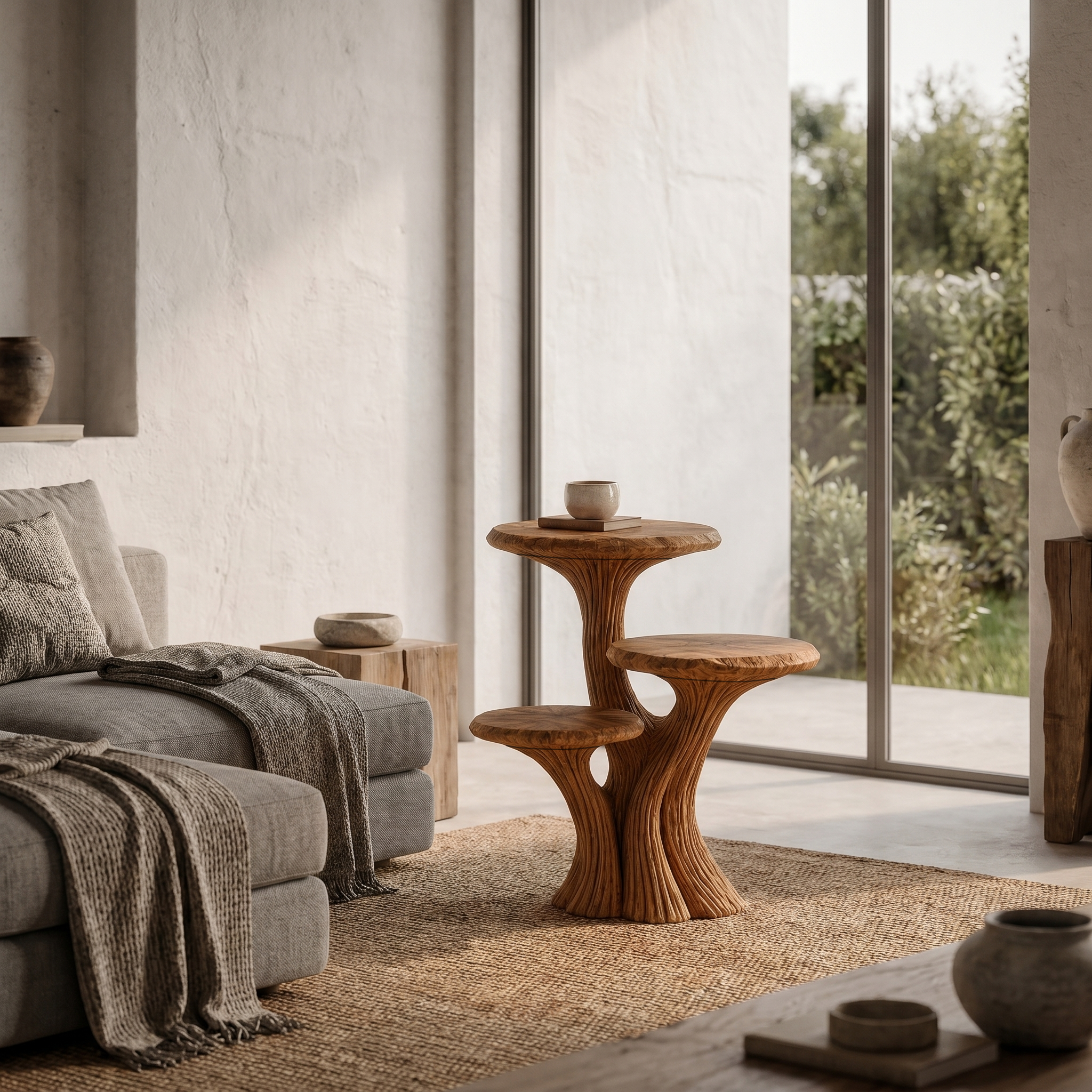 Contemporary Tiered Side Table With Sculptural Solid Wood Design For Living Room And Bedroom SINLHABT249