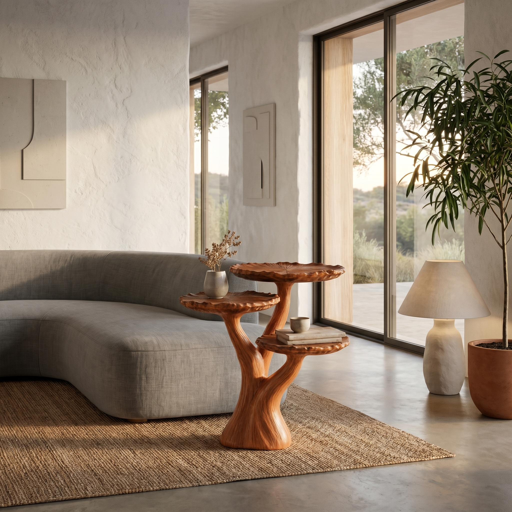 Organic Sculptural Side Table With Multi Tier Solid Wood Shelves For Living Room And Bedroom SINLHABT251