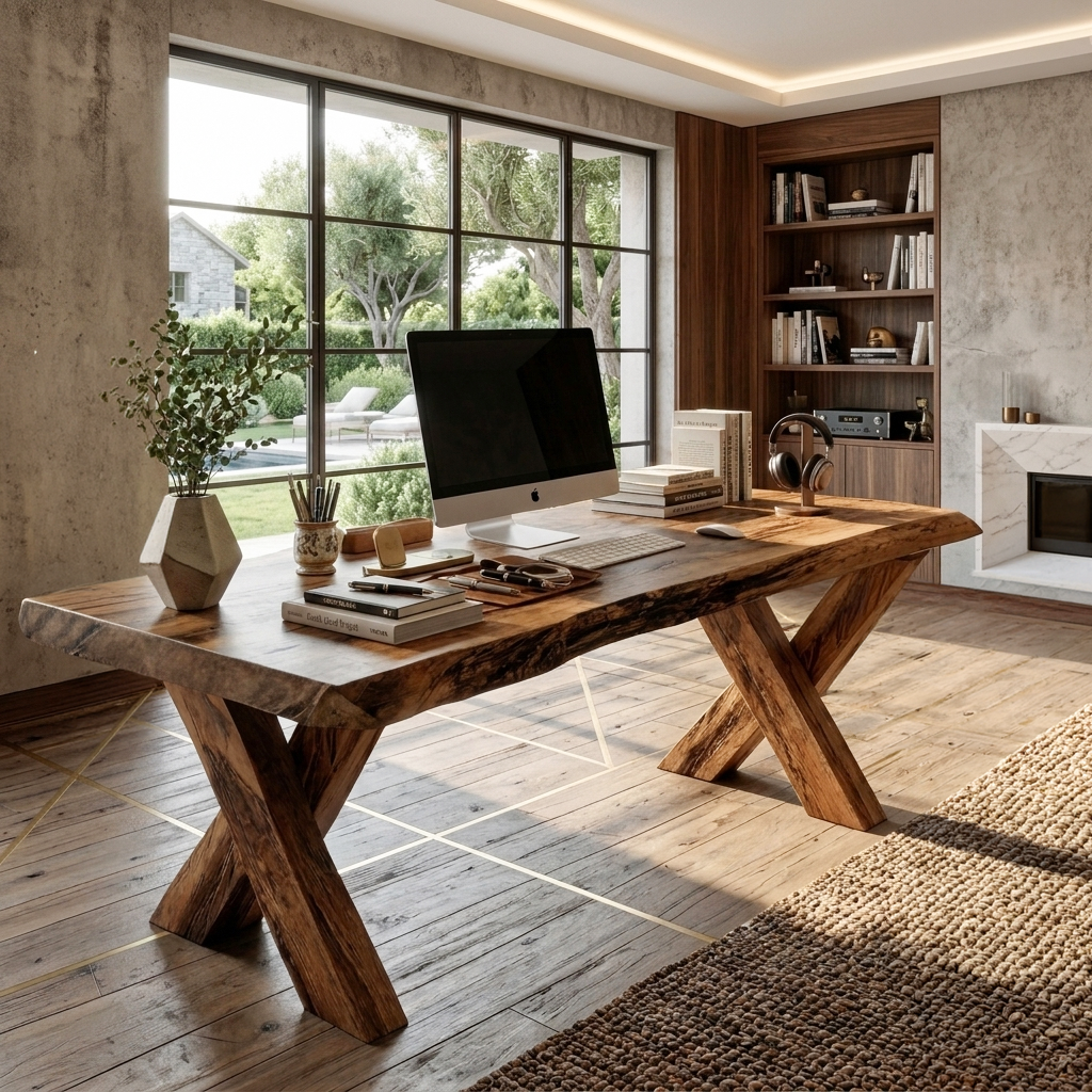 Rustic Live Edge Desk With X Legs For Home Office SITHTTDE035