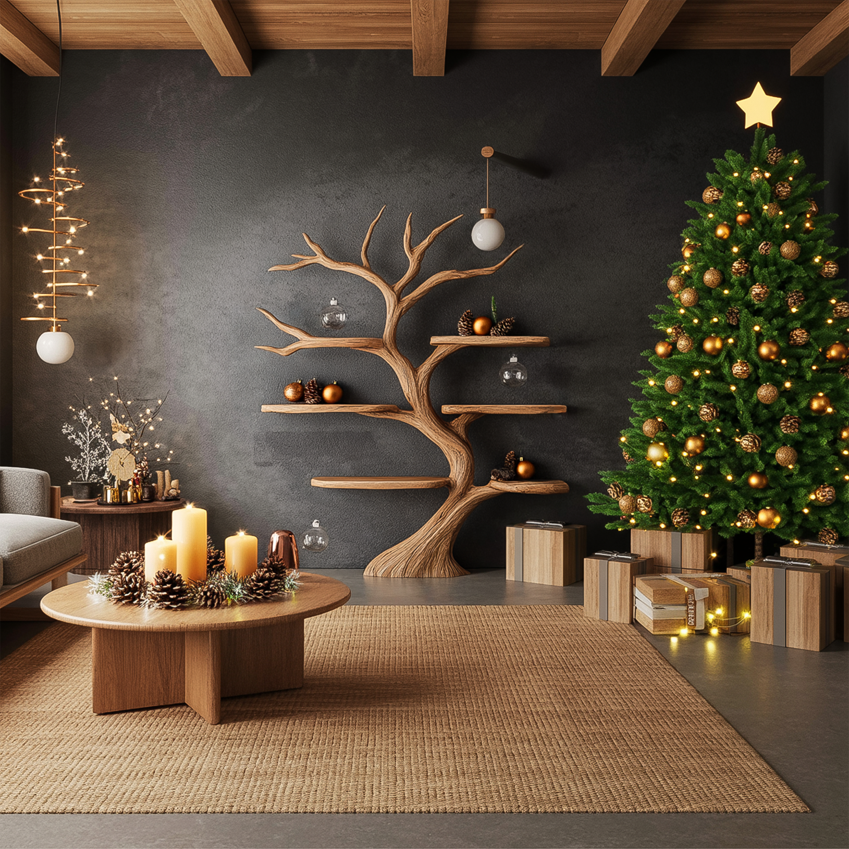 Rustic Organic Tree Shelf Christmas Living Room SINLSATB558