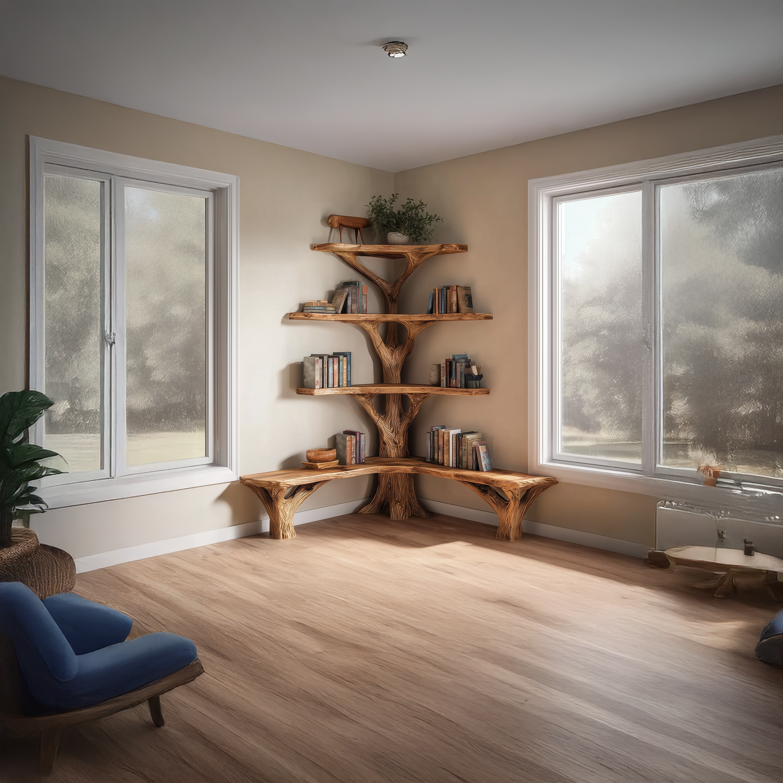 Rustic Tree Bookshelf Corner Living Room SINLSATB230