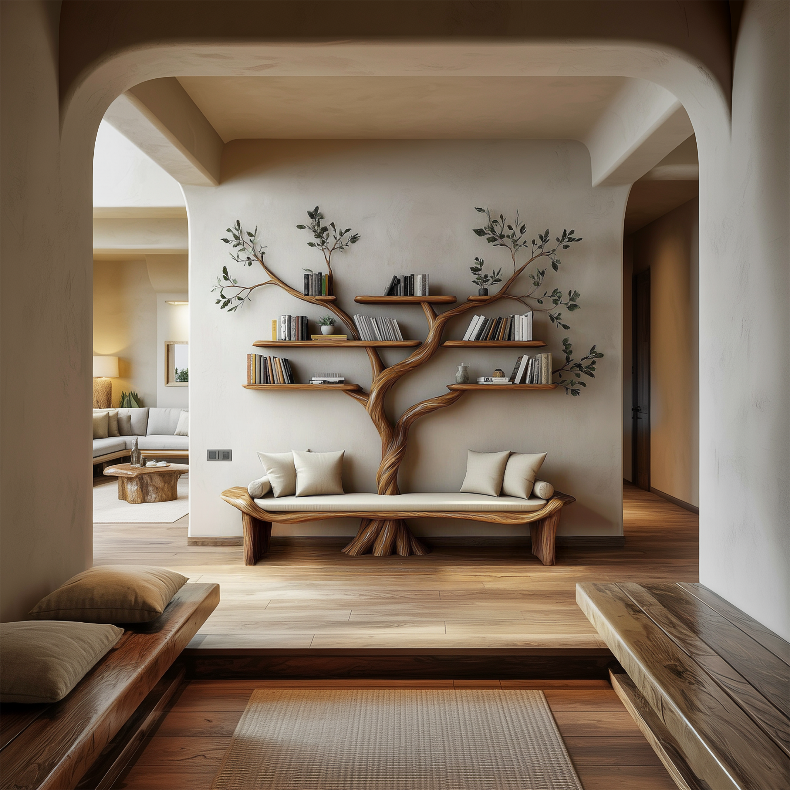 Rustic Sculptural Tree Bookshelf Bench Living Room Interior Statement Furniture SINLSATB644