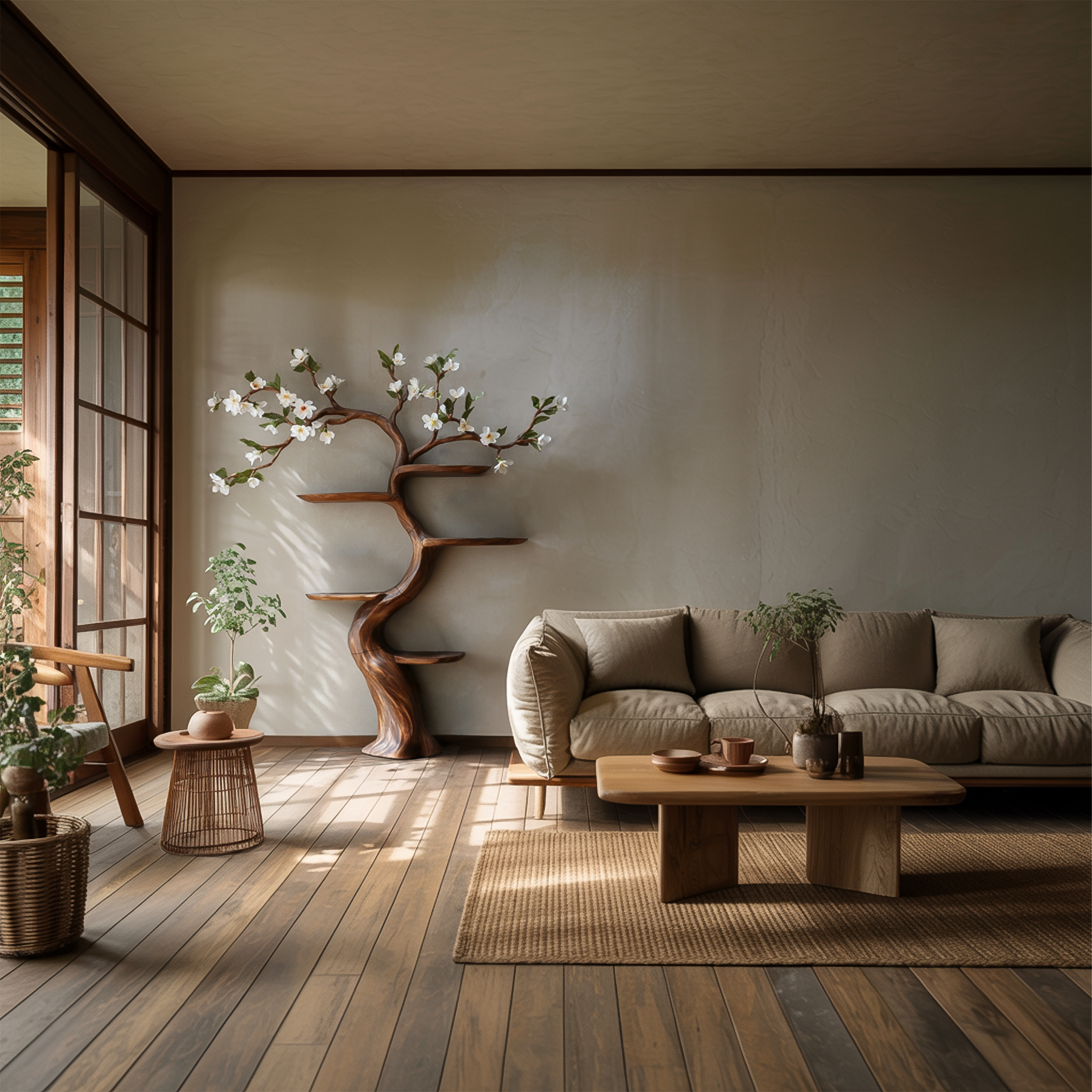 Rustic Handcrafted Tree Bookshelf Living Room Interior Nature-Inspired Decor SINLSATB584