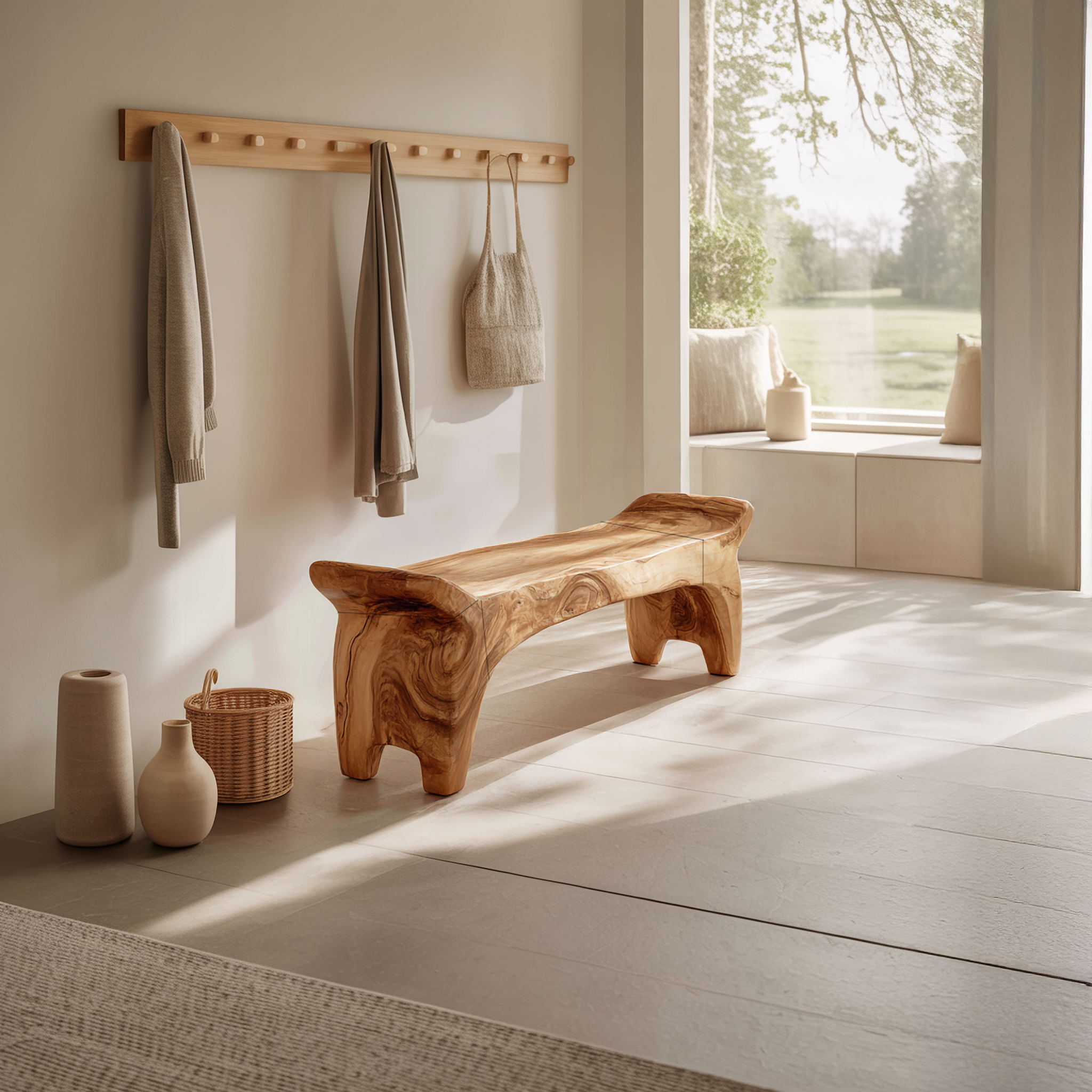 Rustic Sculptural Solid Form Bench For Entryway And Living Room SINLSARS076