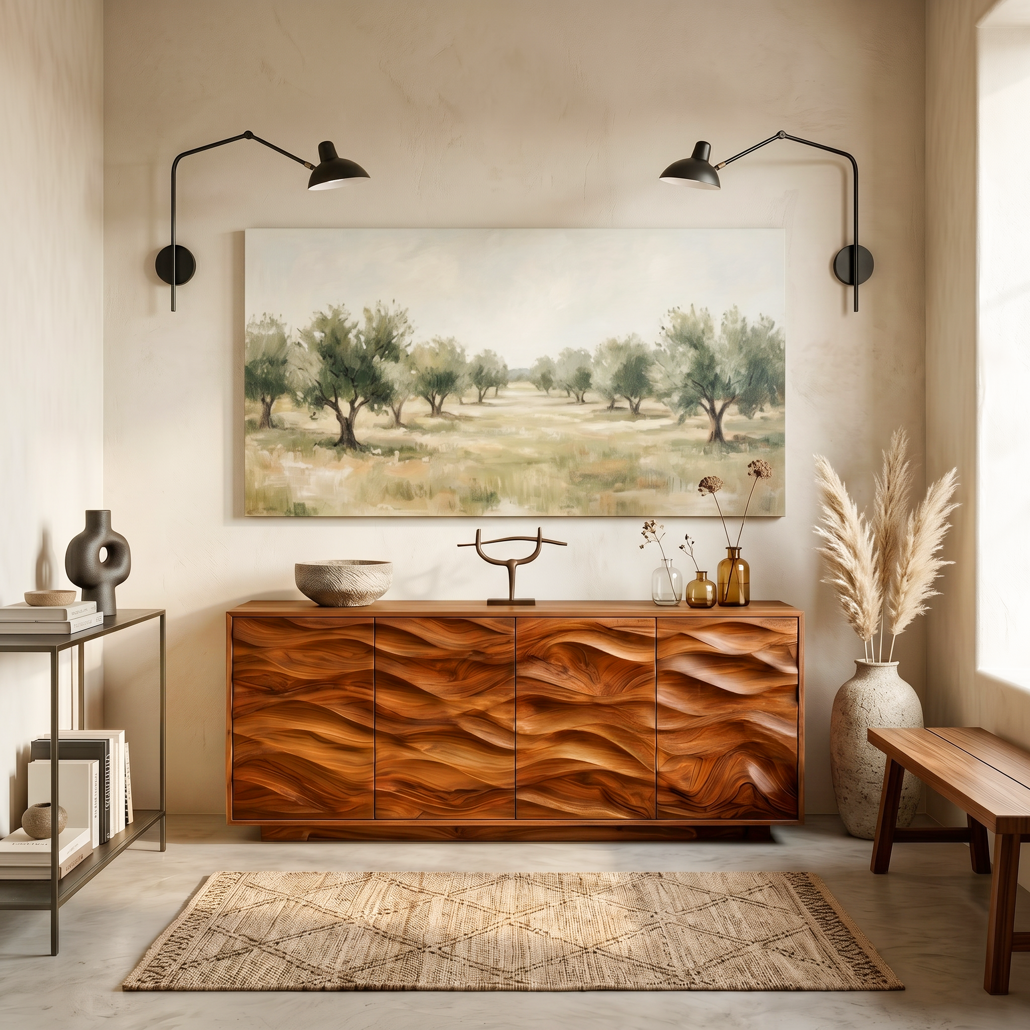 Minimalist Wooden Wave Carved Sideboard For Home RTTHTTSD051