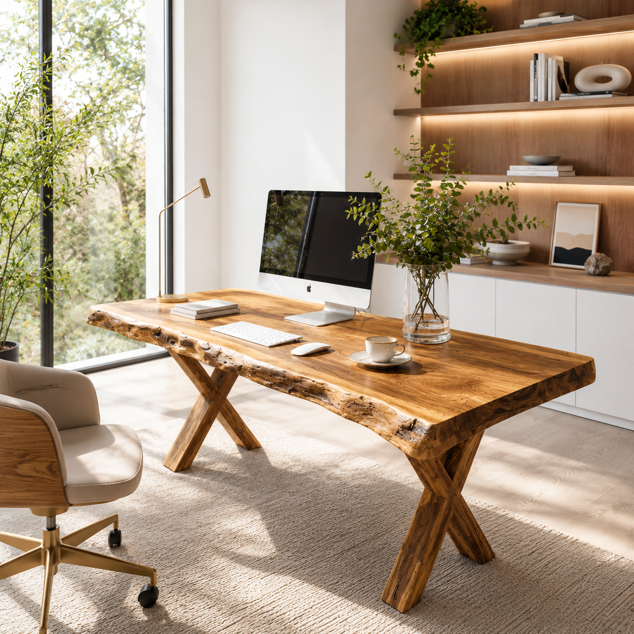 Live Edge Wooden Desk With X Legs For Rustic Home Office Or Studio SITHTTDE034