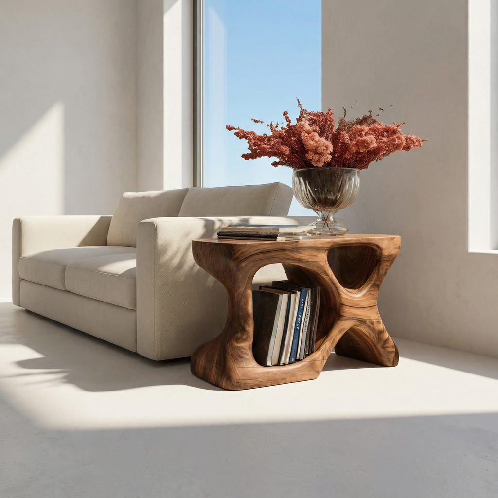 Minimalist Sculptural Wood Side Table With Storage For Living Room RTTHHNSTA017