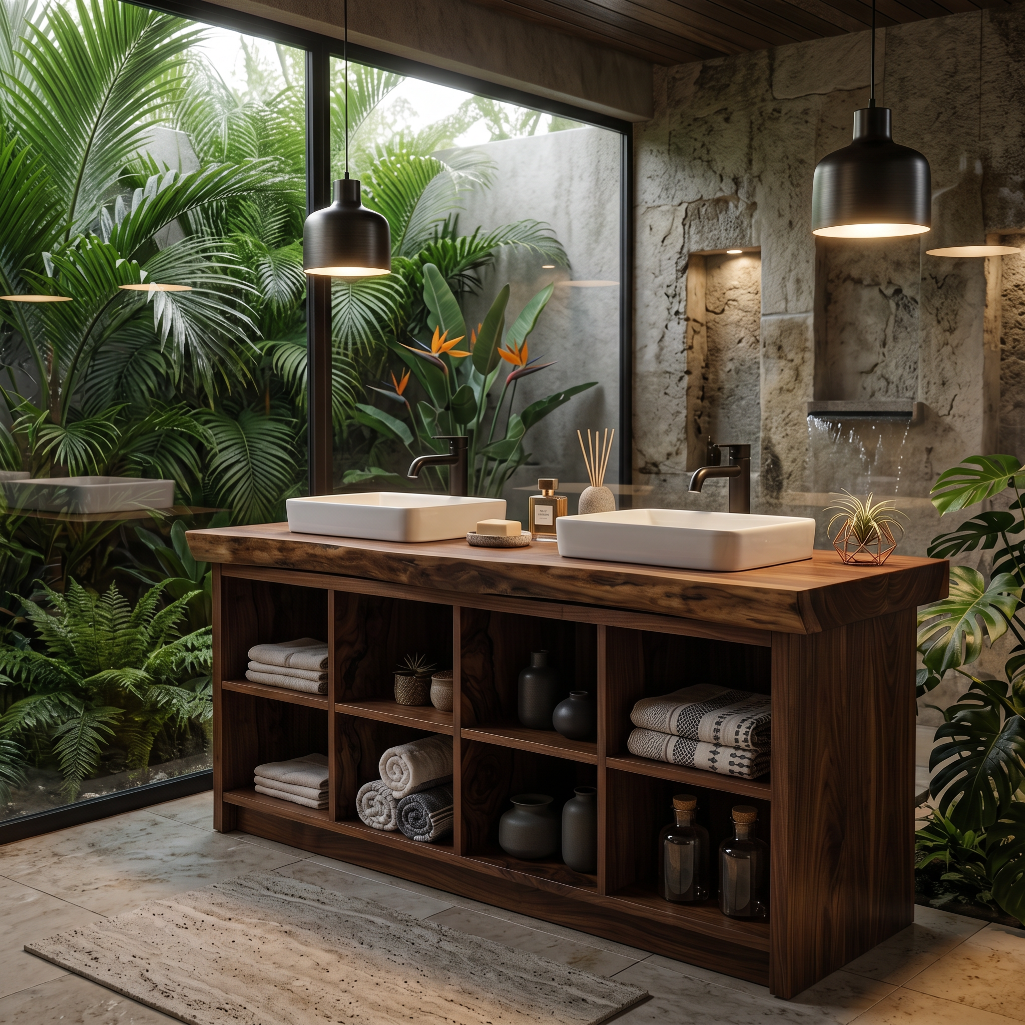 Double Sink Wood Bathroom Vanity With Open Shelves Spa SILDTTRBRV146