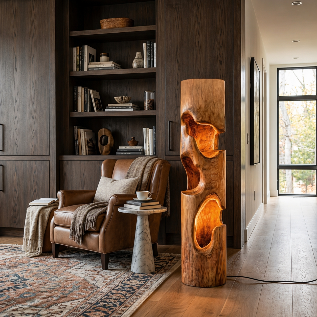 Rustic Wooden Floor Lamp With Sculptural Hollow For Cozy Bedroom RTTHTTLAM052