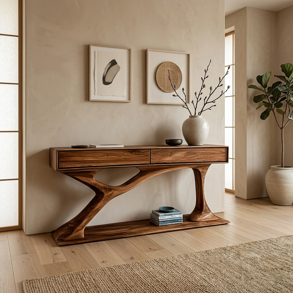 Contemporary Wooden Console Table With Sculptural Base For Living Room RTTHHNCS042