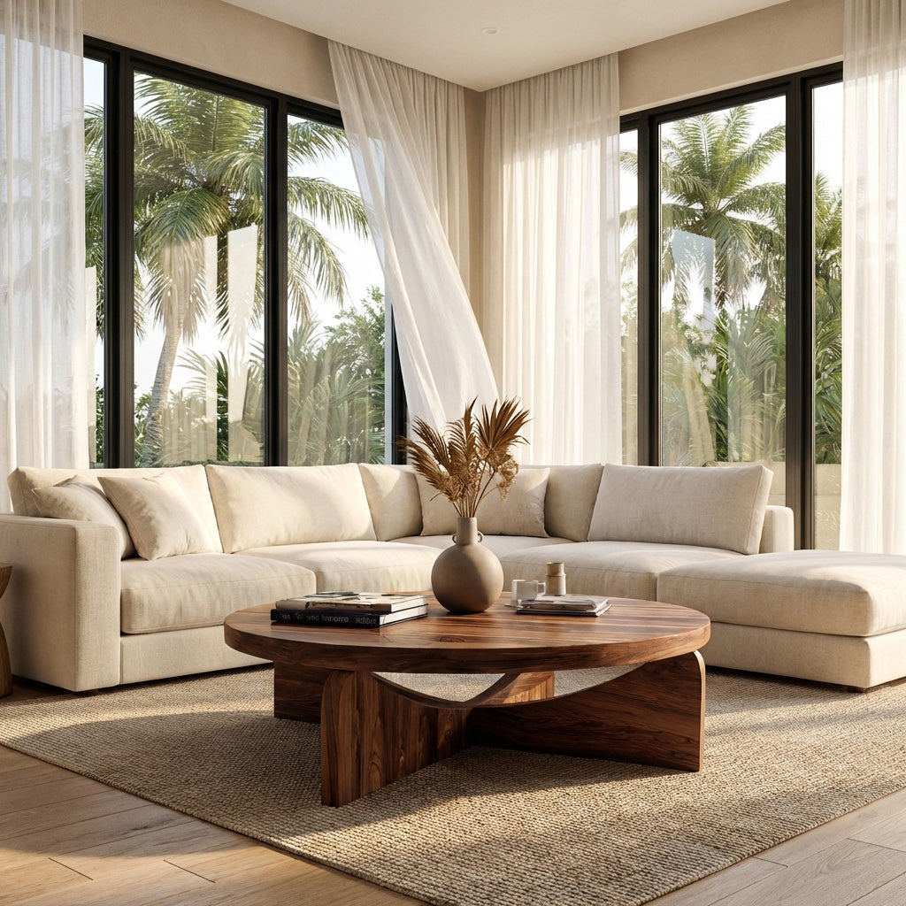 Modern Round Wood Coffee Table With Unique Base For Living RTTHHNCF071
