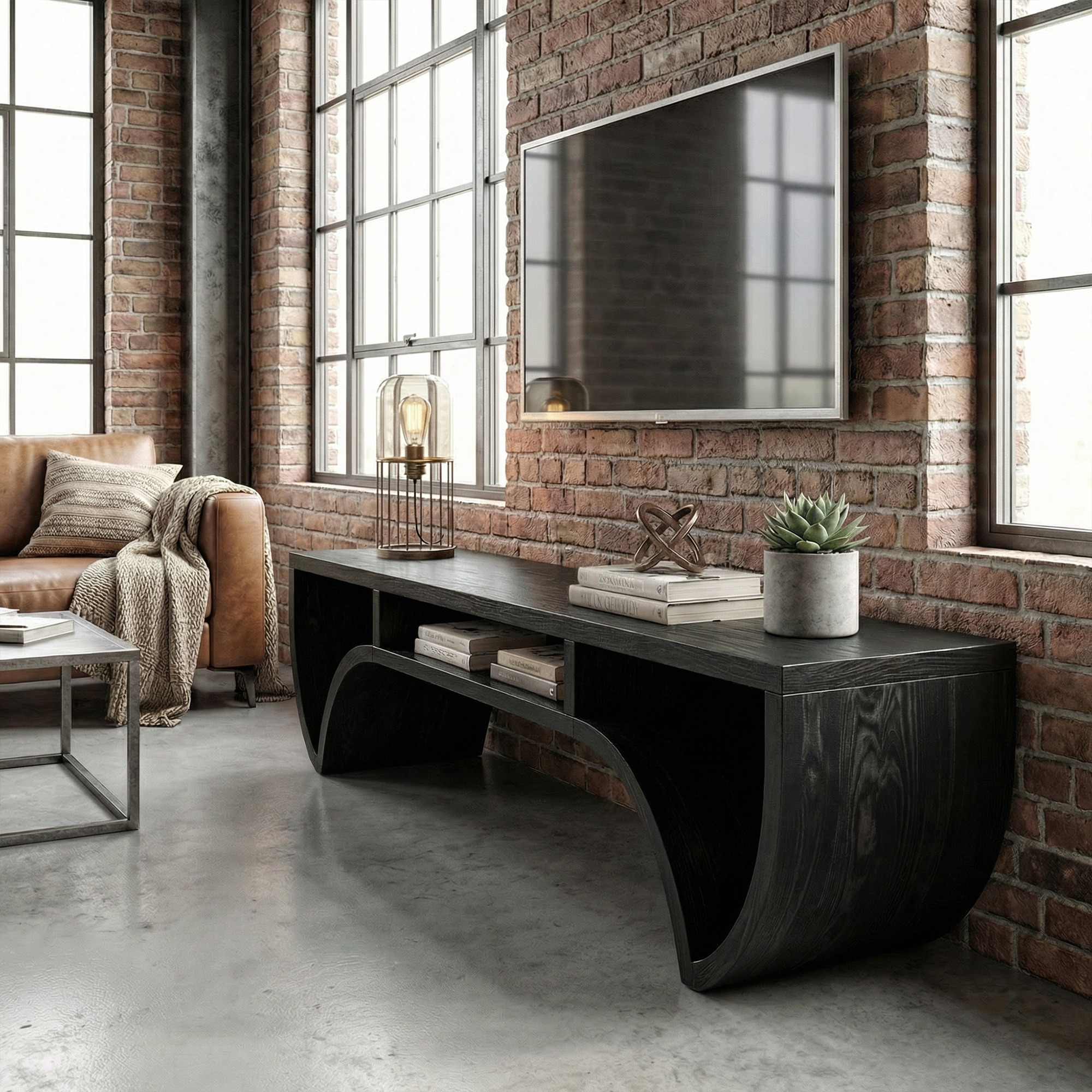 Rustic Solid Wood TV Stand Curved Base Storage Shelf Living Room SINLKITS007