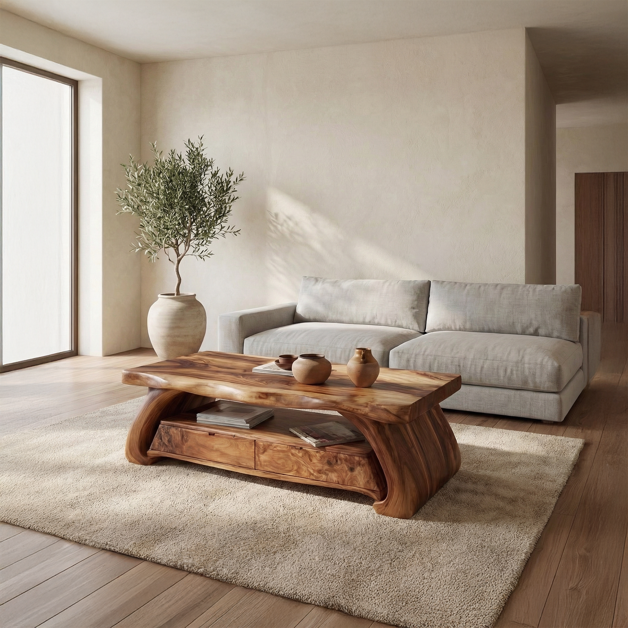 Rustic Solid Wood Coffee Table Natural Sculptural Base Living Room SINLSACF325