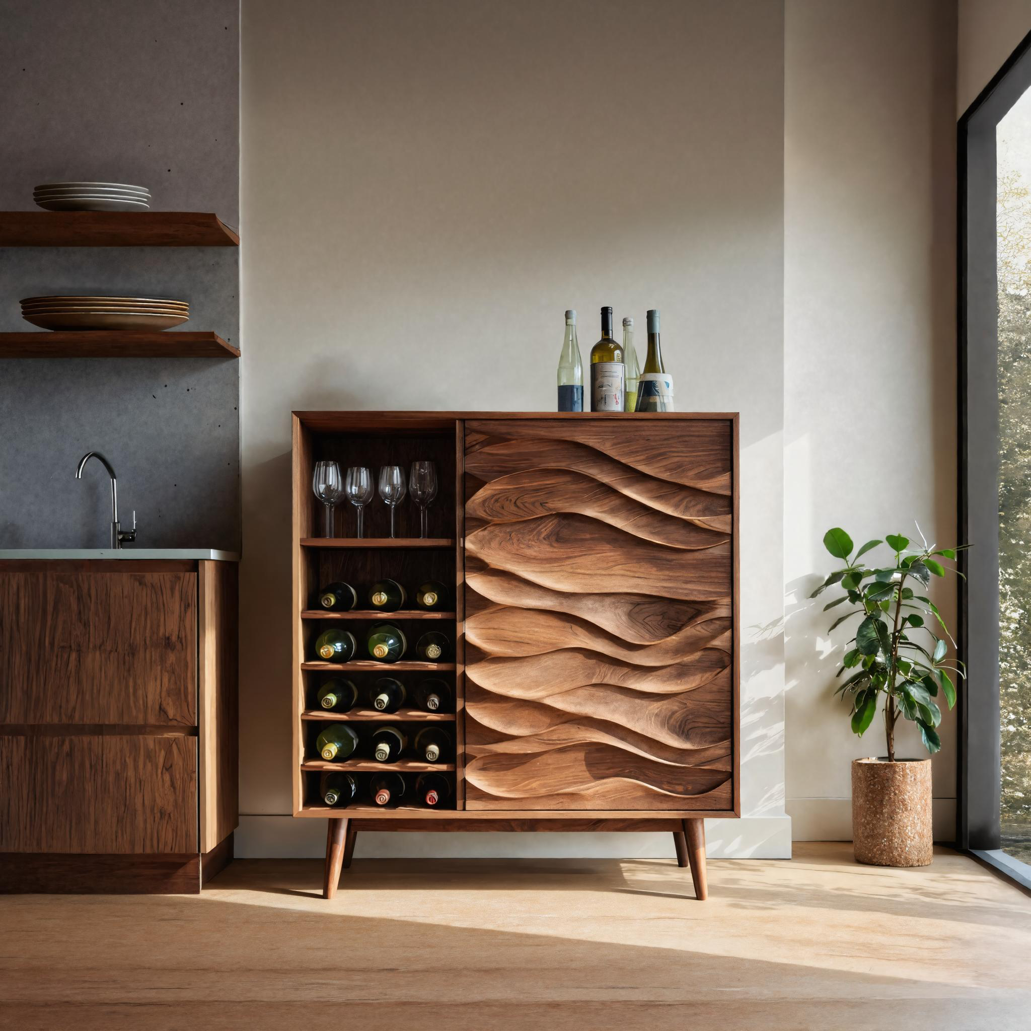 Sculptural Wine Cabinet With Wave Carved Doors For Kitchen SITHTTBCA013