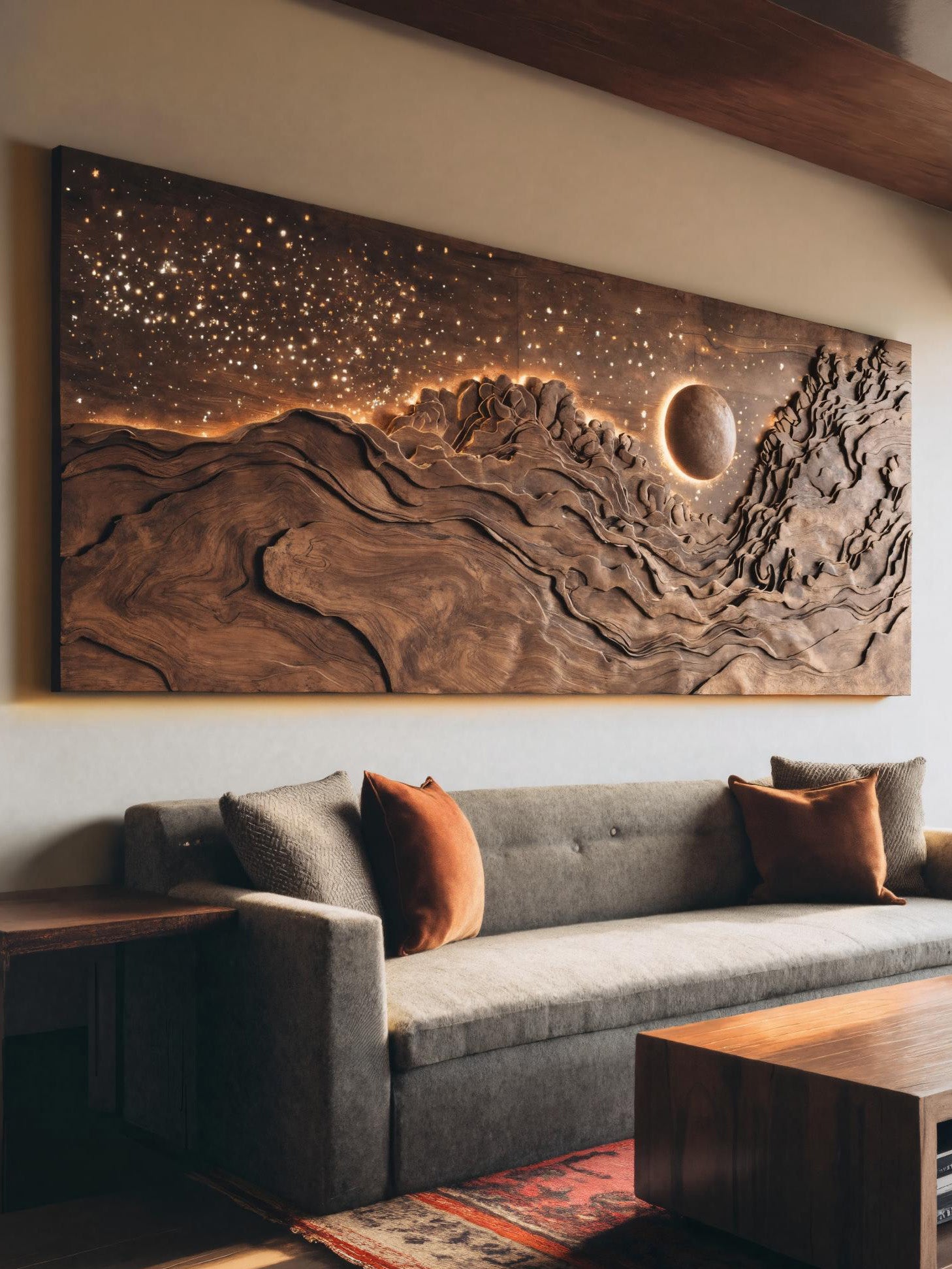 Hand Carved Wall Art With LED Eclipse Design For Living Room SITHHNWA019