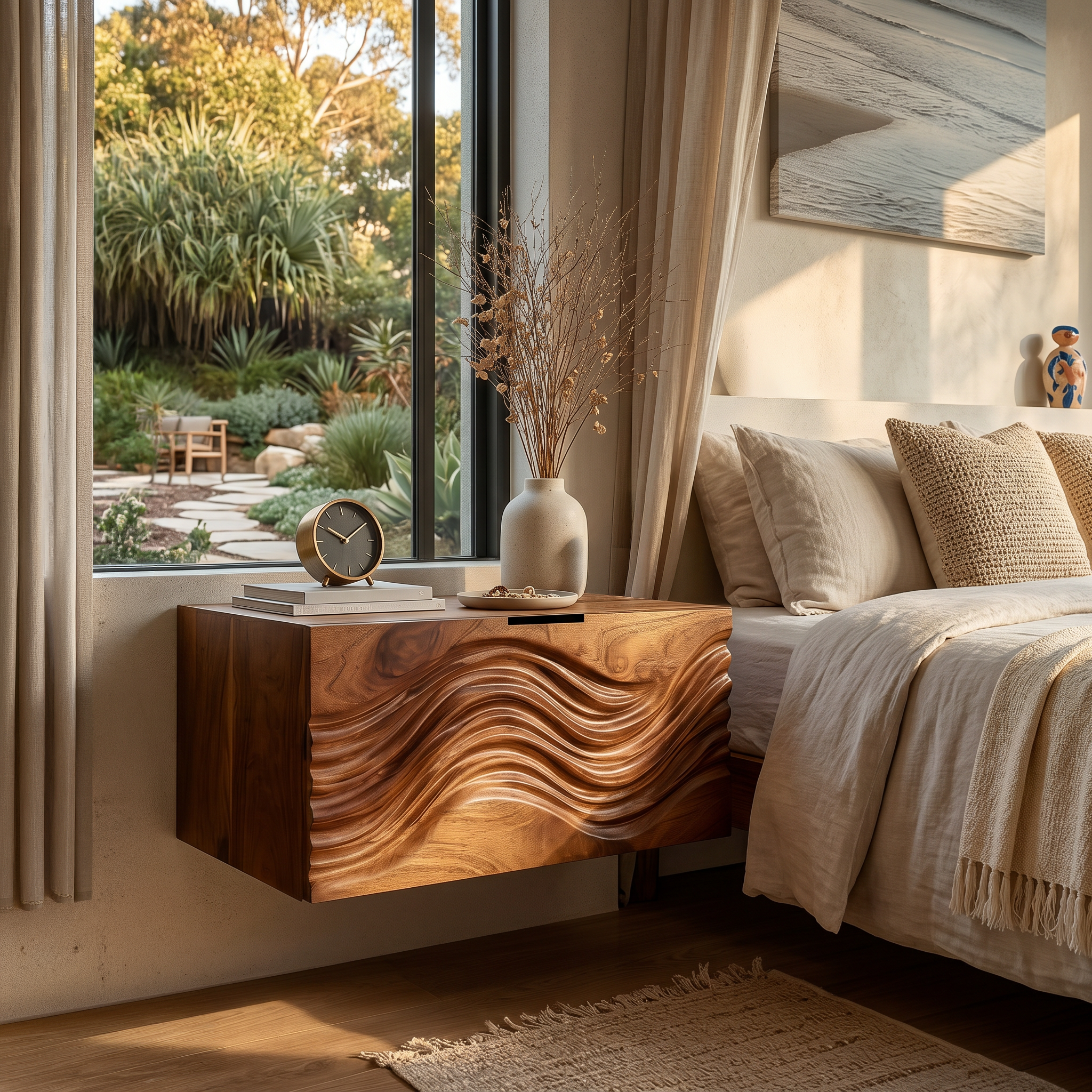 Modern Wooden Floating Nightstand With Wave Carved Front For Bedroom RTTHTTNS027