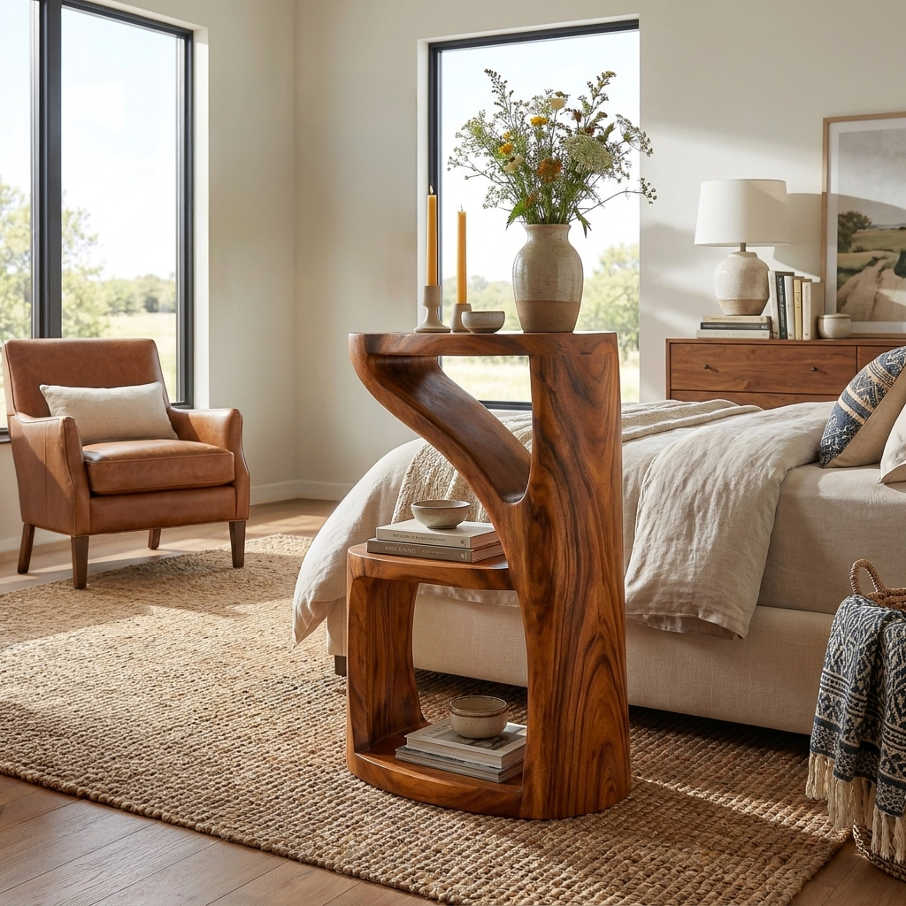 Elegant Wooden Nightstand With Sculptural Two Level For Bedroom RTTHTTNS036