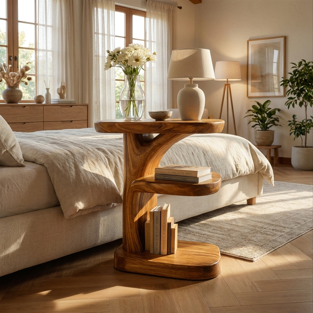 Organic Wooden Nightstand With Storage Shelf For Bedroom RTTHTTNS033