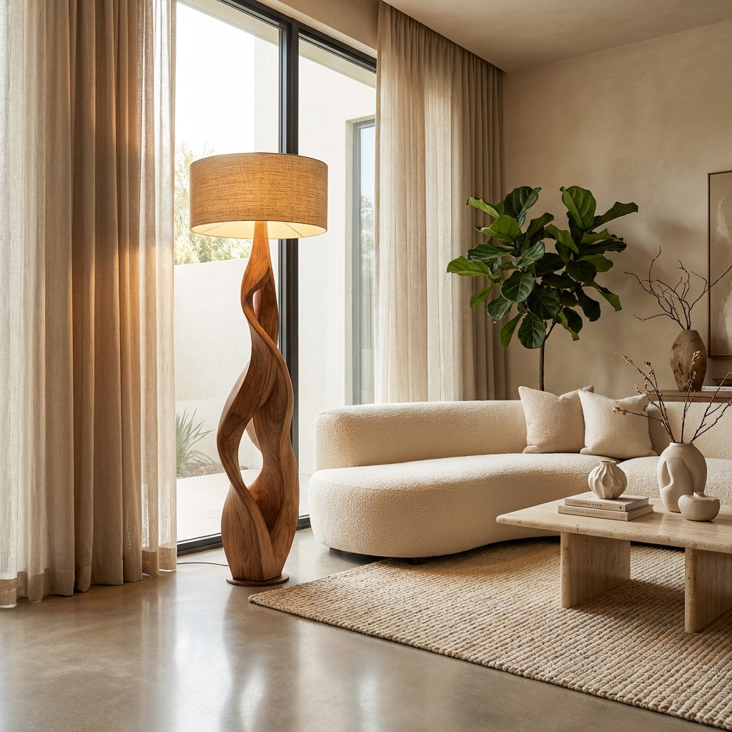 Sculptural Wooden Floor Lamp With Fabric Shade For Bedroom RTTHHNLAM064