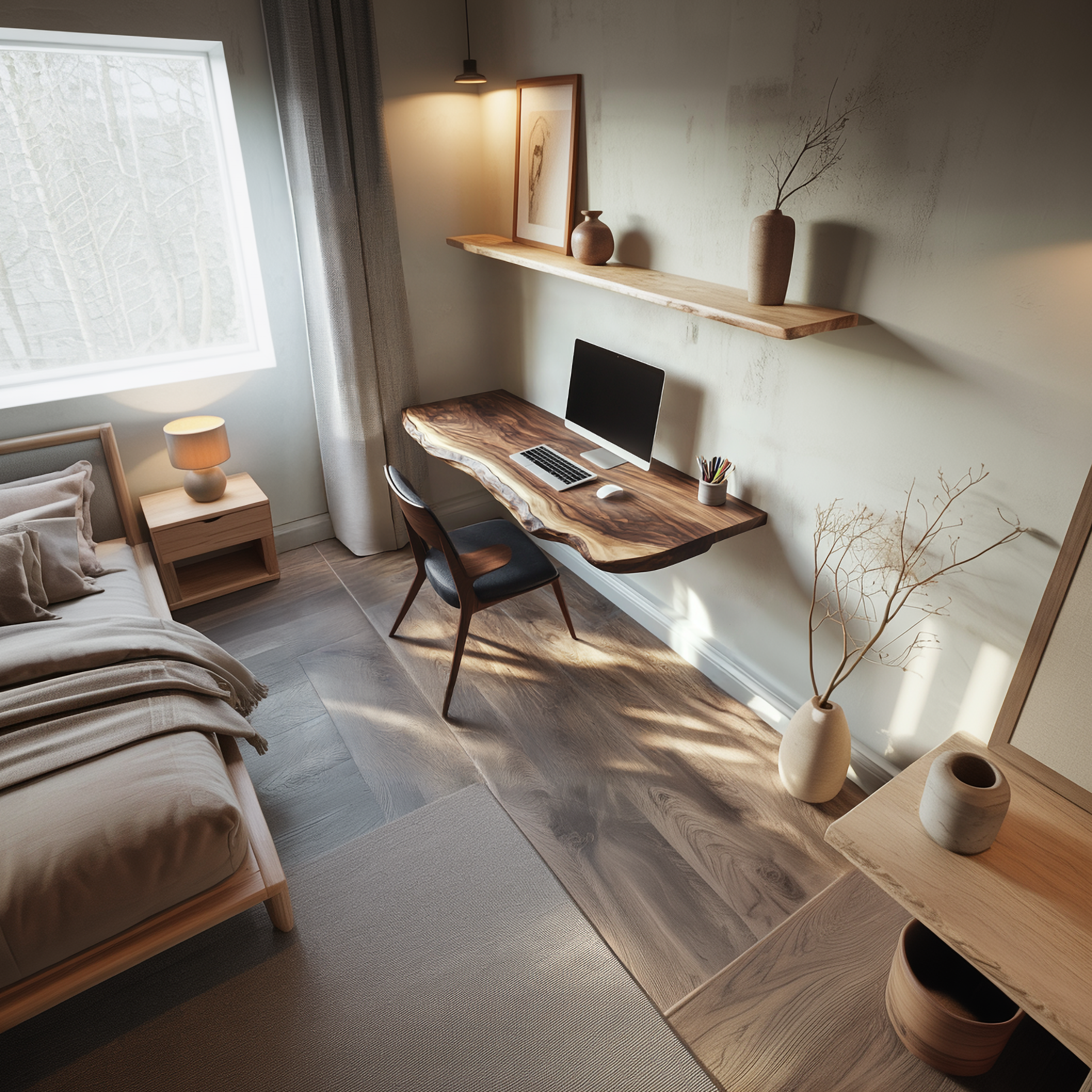 Sculptural Floating Work Desk Solid Wood Study Room Interior Statement Design SINLSAFL427