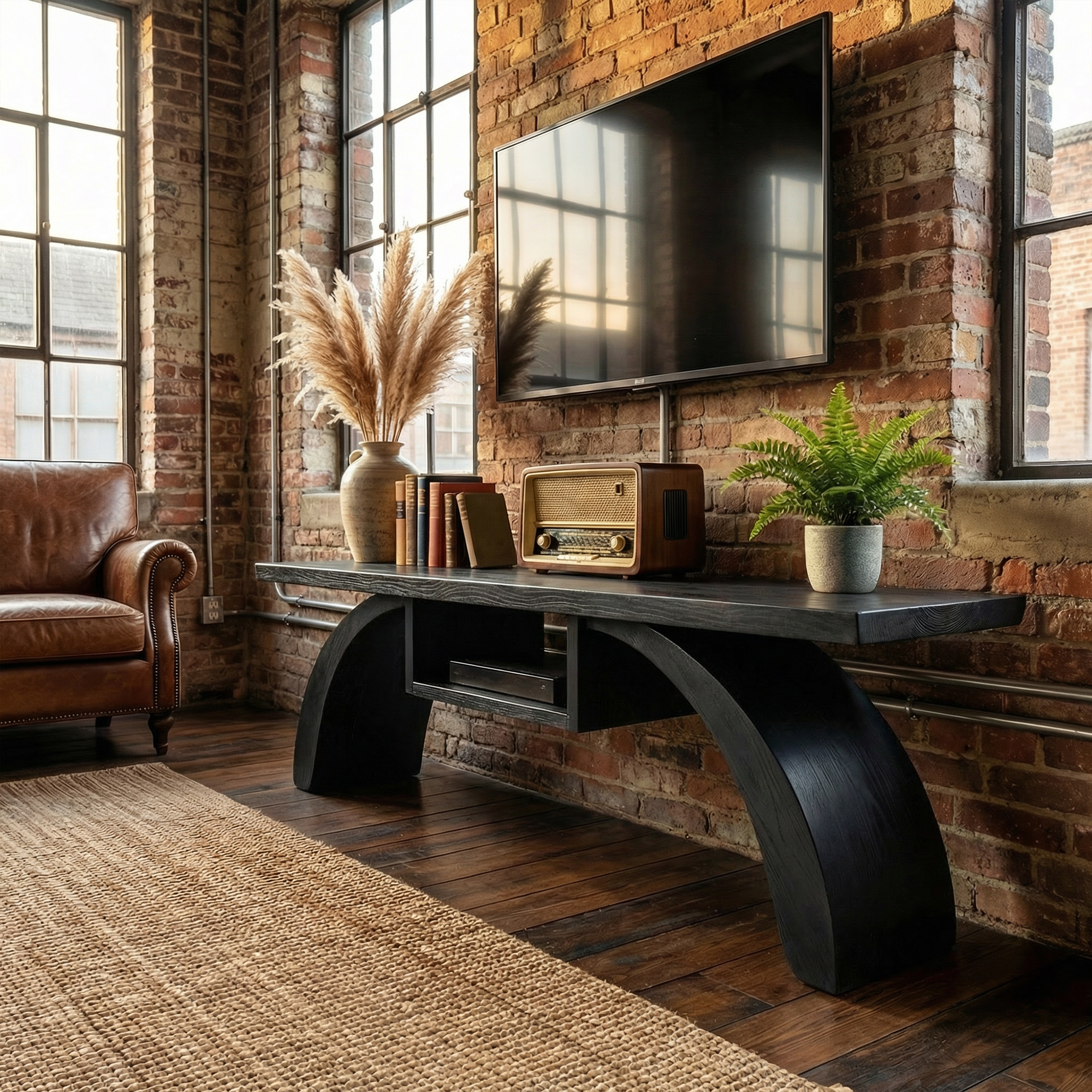 Rustic Wood TV Stand Curved Base Floating Top Living Room SINLKITS006