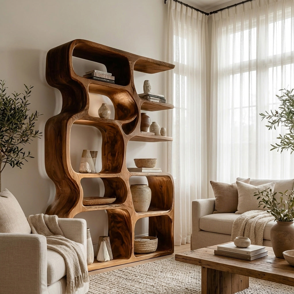Minimalist Artistic Natural Wood Bookshelf For Living Room RTTHHNBS164