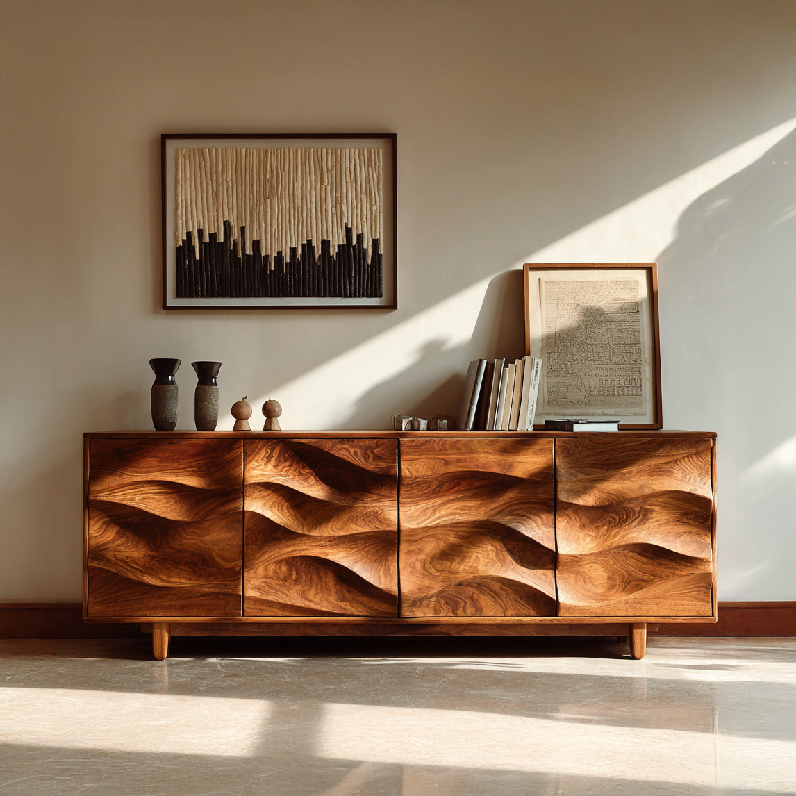 Rustic Wooden Sideboard With Undulating Doors For Living Room RTTHHNSD040