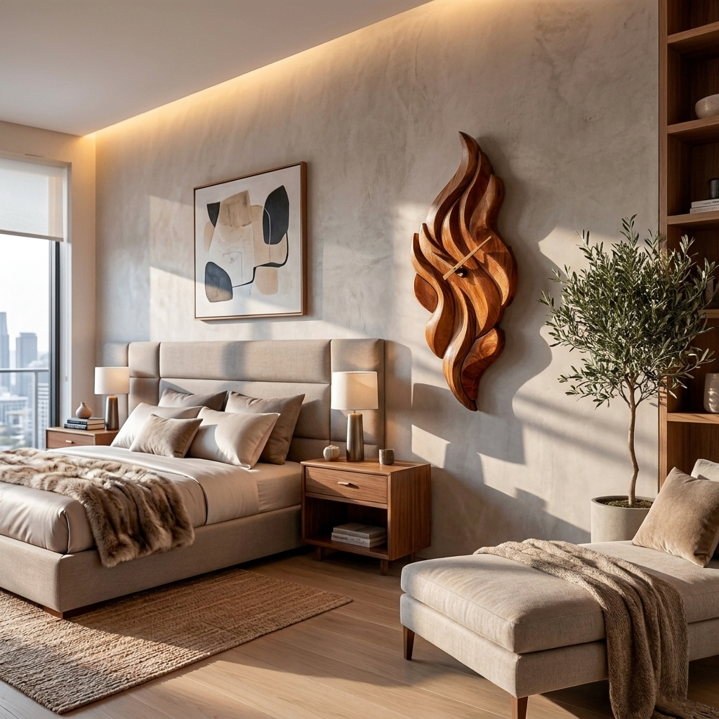Modern Wooden Wall Clock With Sculptural Wave Carving For Interior RTTHTTWAC006