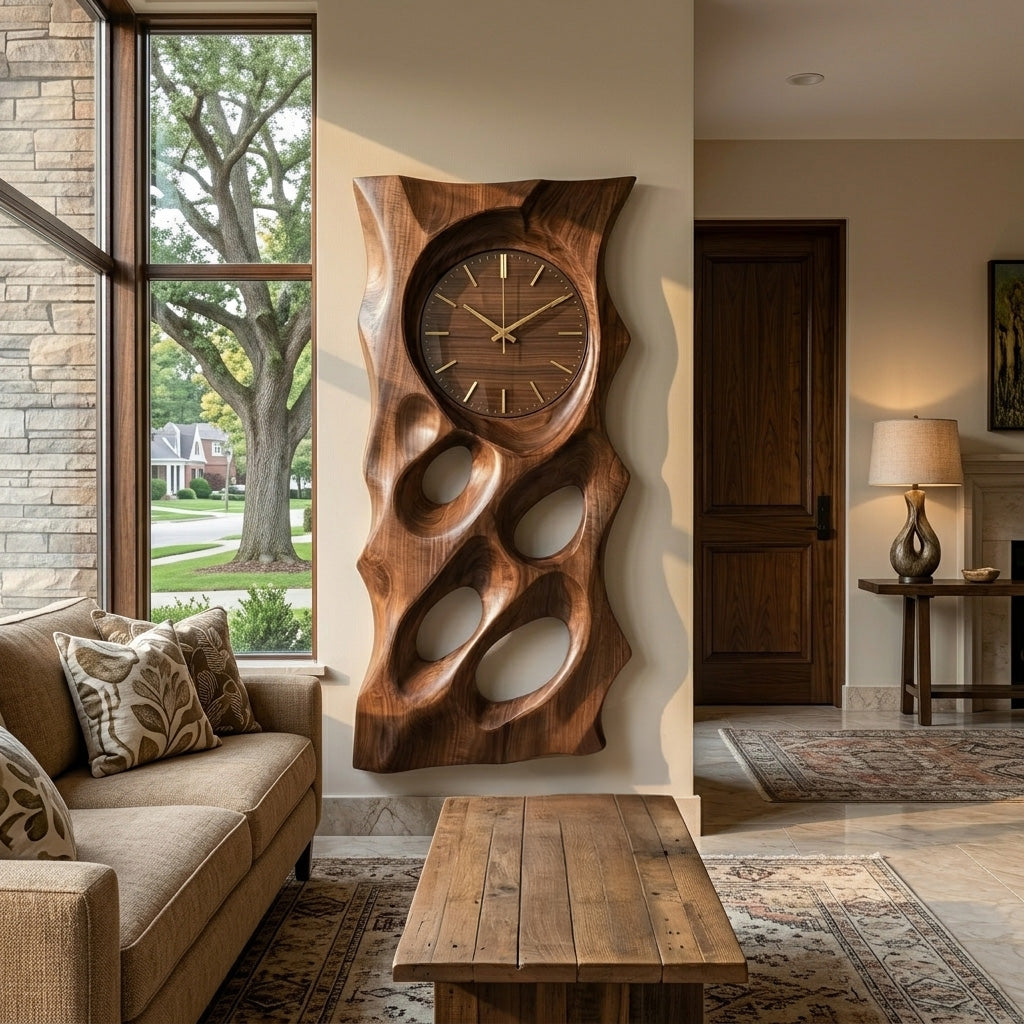 Organic Wooden Wall Clock With Hollow Form For Living Room RTTHHNWAC030