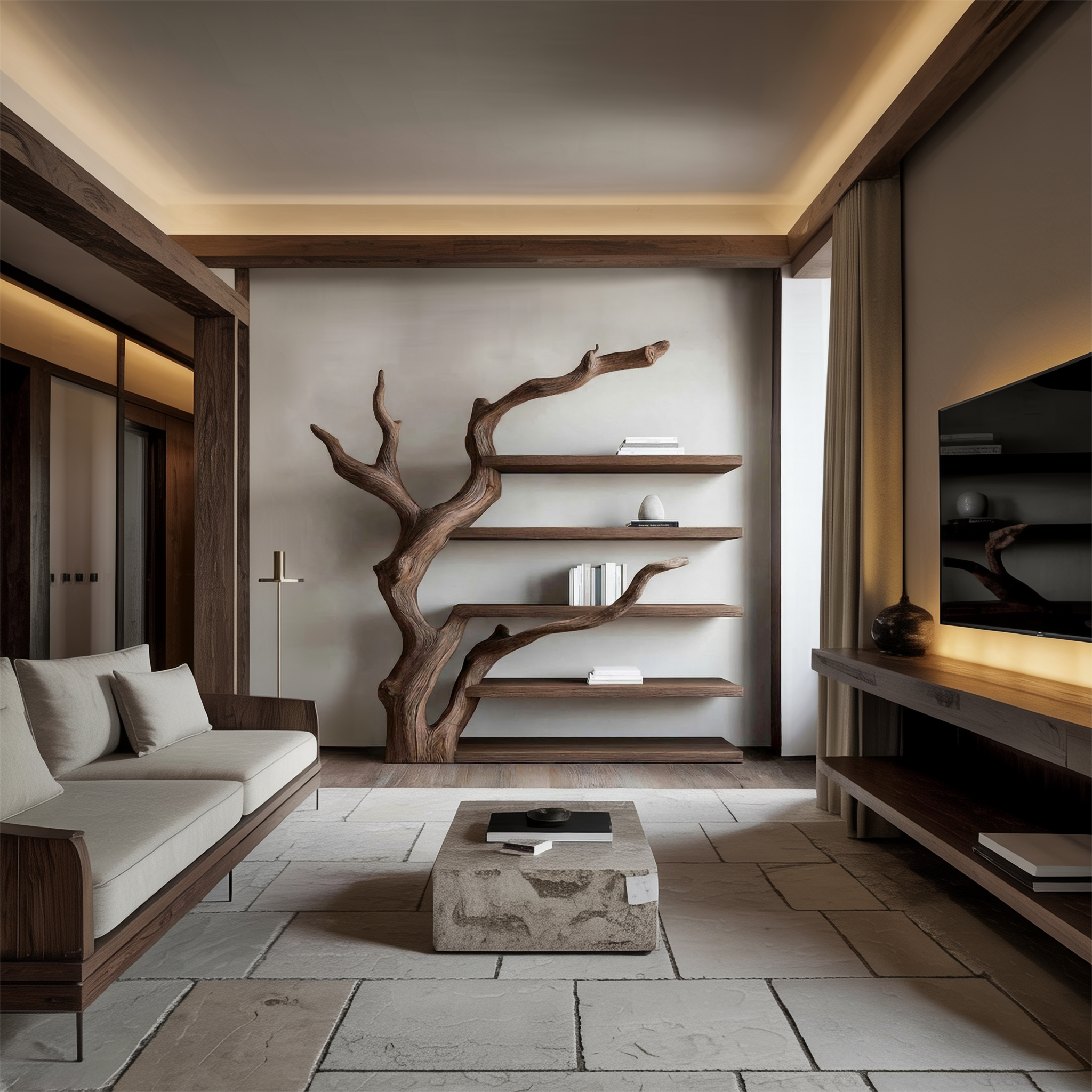 Rustic Tree Inspired Wall Shelf For Living Room And Study Room SINLSATB696