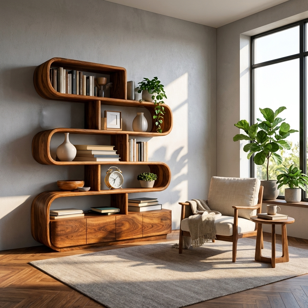 Organic Wooden Bookshelf With Flowing Form For Home Interior RTTHTTBS116