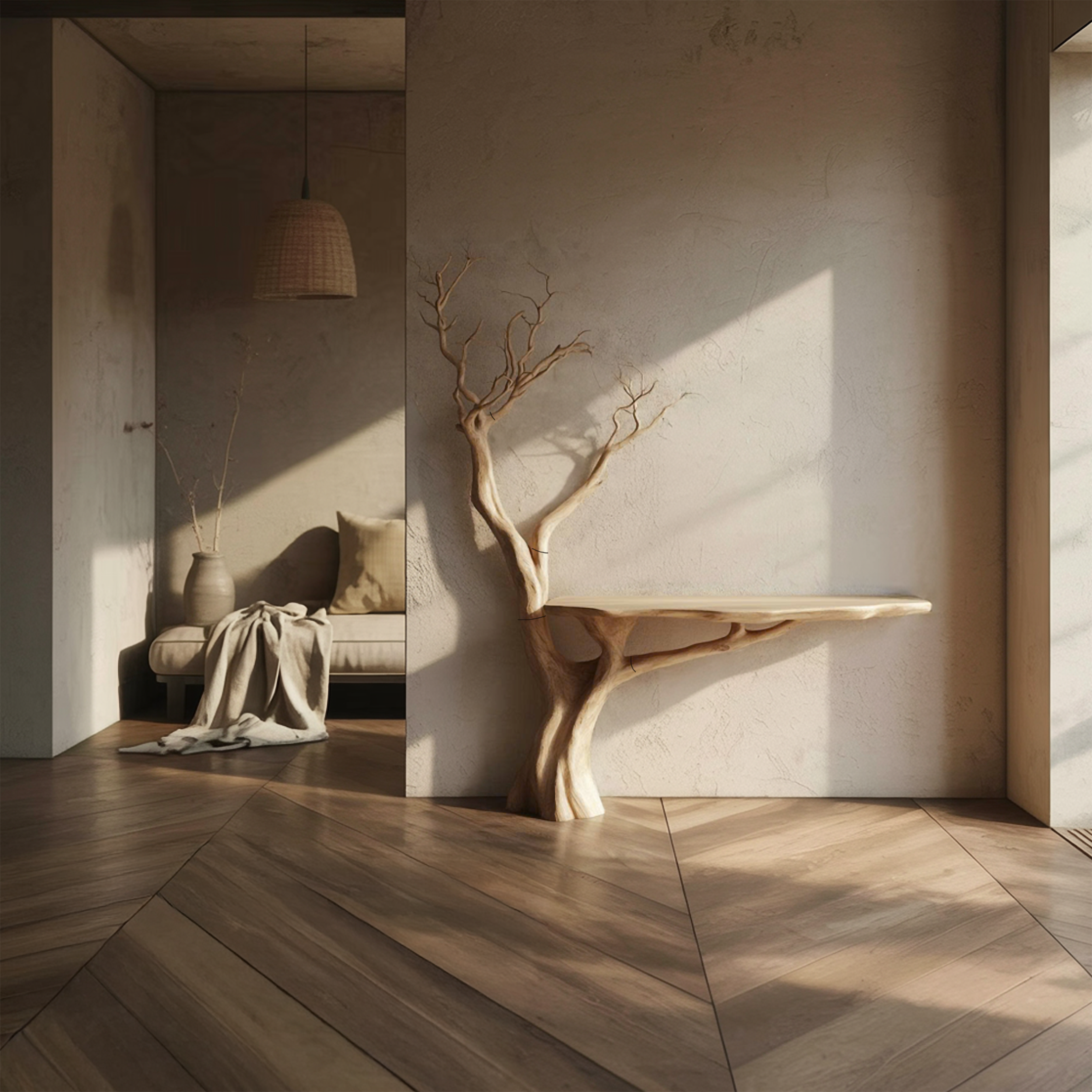 Rustic Console Table Sculpted Wood Tree Hallway Entrance SINLSACS392