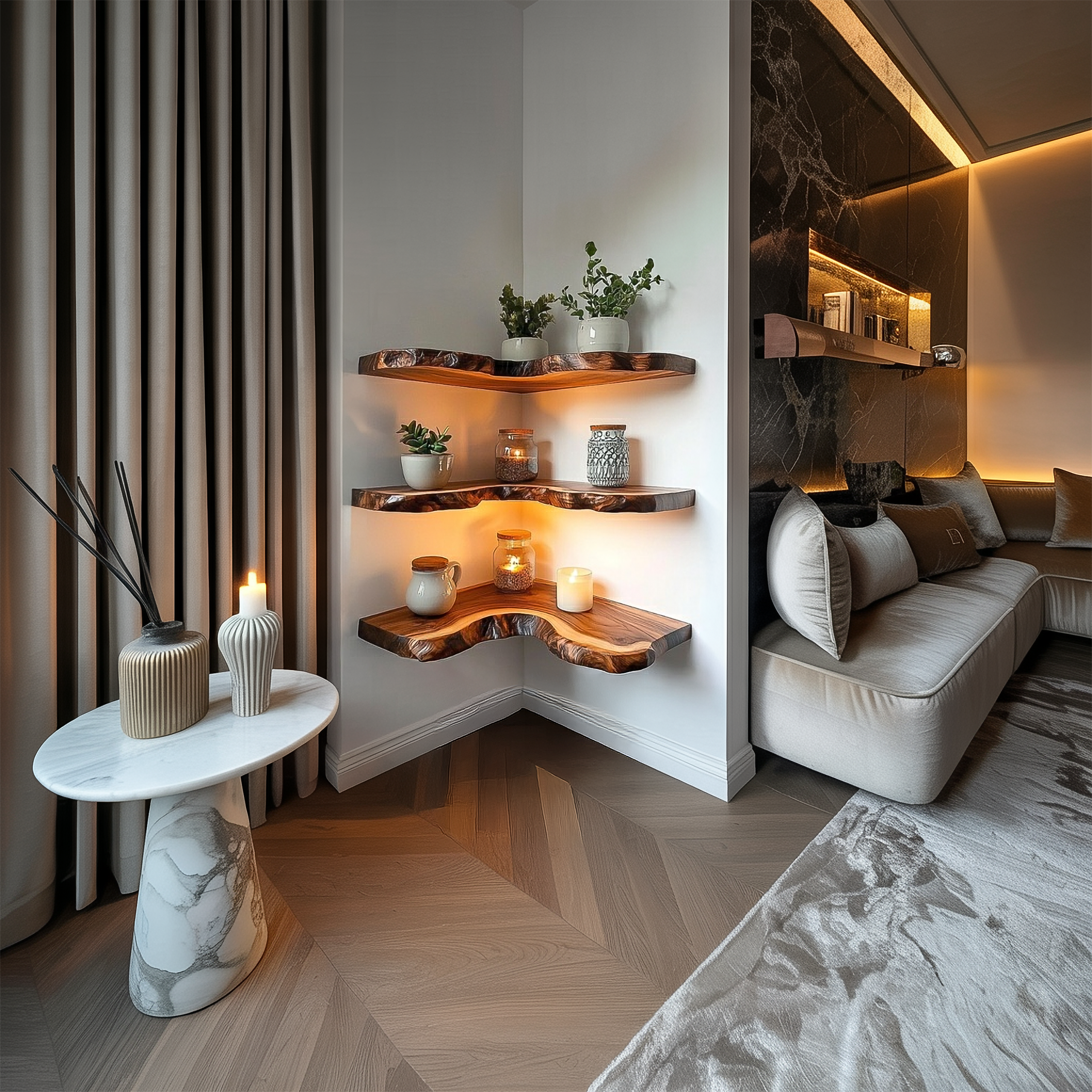 Rustic Live Edge Corner Shelves Solid Wood Living Room Interior Decorative Display SINLSAFL349