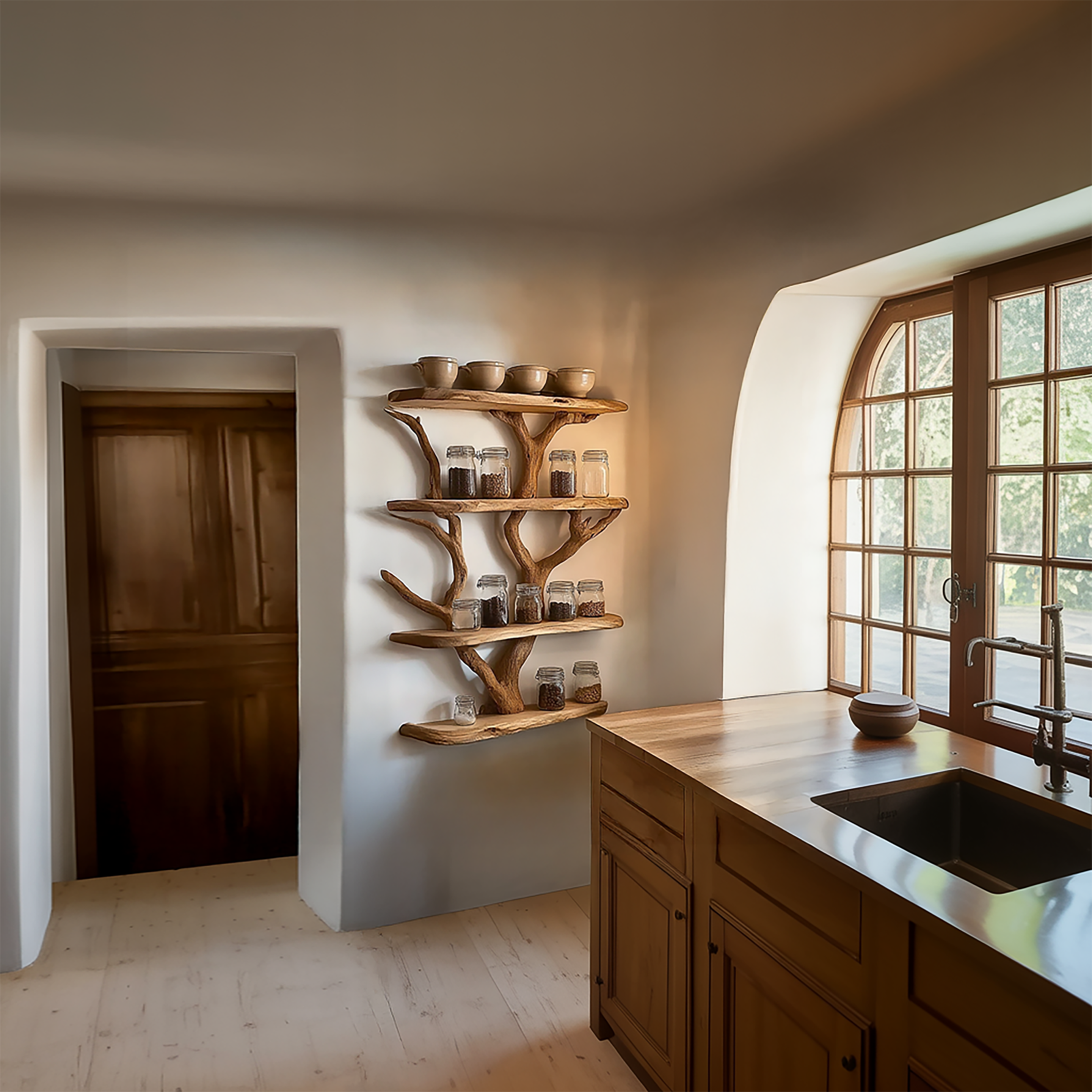 Rustic Organic Tree Kitchen Wall Shelf Kitchen Interior Pantry Display SINLSATBS118