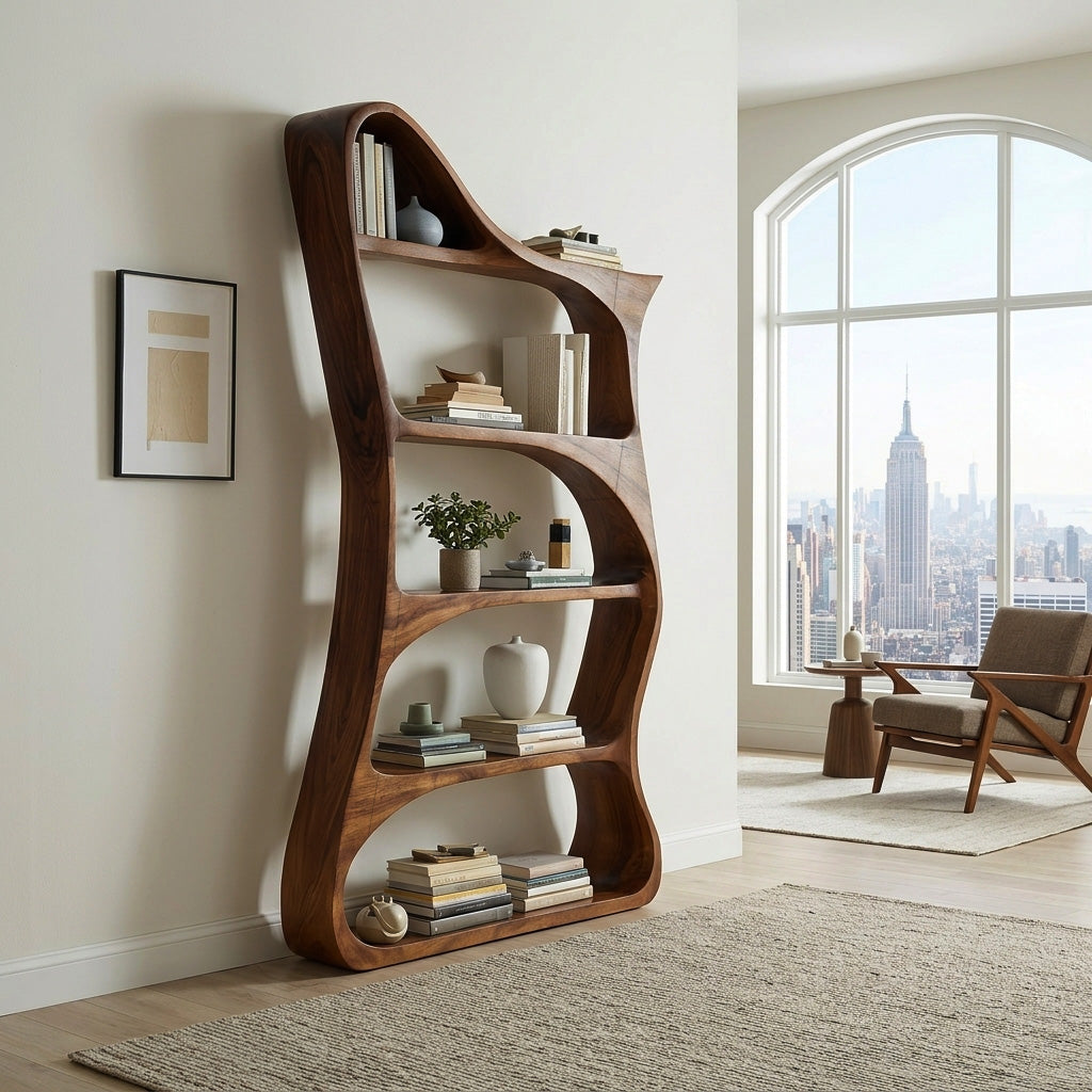 Modern Sculptural Natural Wood Bookshelf For Living Room RTTHHNBS162